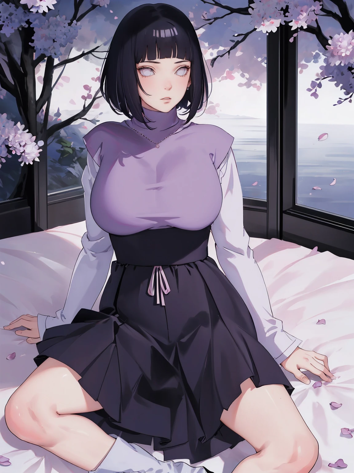 { -  error} (Masterpiece - Ultra-detailed, very high resolution) (huge titusty, masterpiece, absurdres, hinata\(boruto\), 1girl, solo,mature female, lilac turtleneck blouse, high waist black long skirt, looking at viewelling petals), perfect composition, detailed lips, big breast, beautiful face, body propotion, blush, (pink lips), short hair, (black hair), purple eyes, soft gaze, super realistic, detailed, photoshoot, realistic face and body, closed mouth , lilac eyes, full body, sitting on the floor , back boots, hidden hands, perfect fingers, inocent face