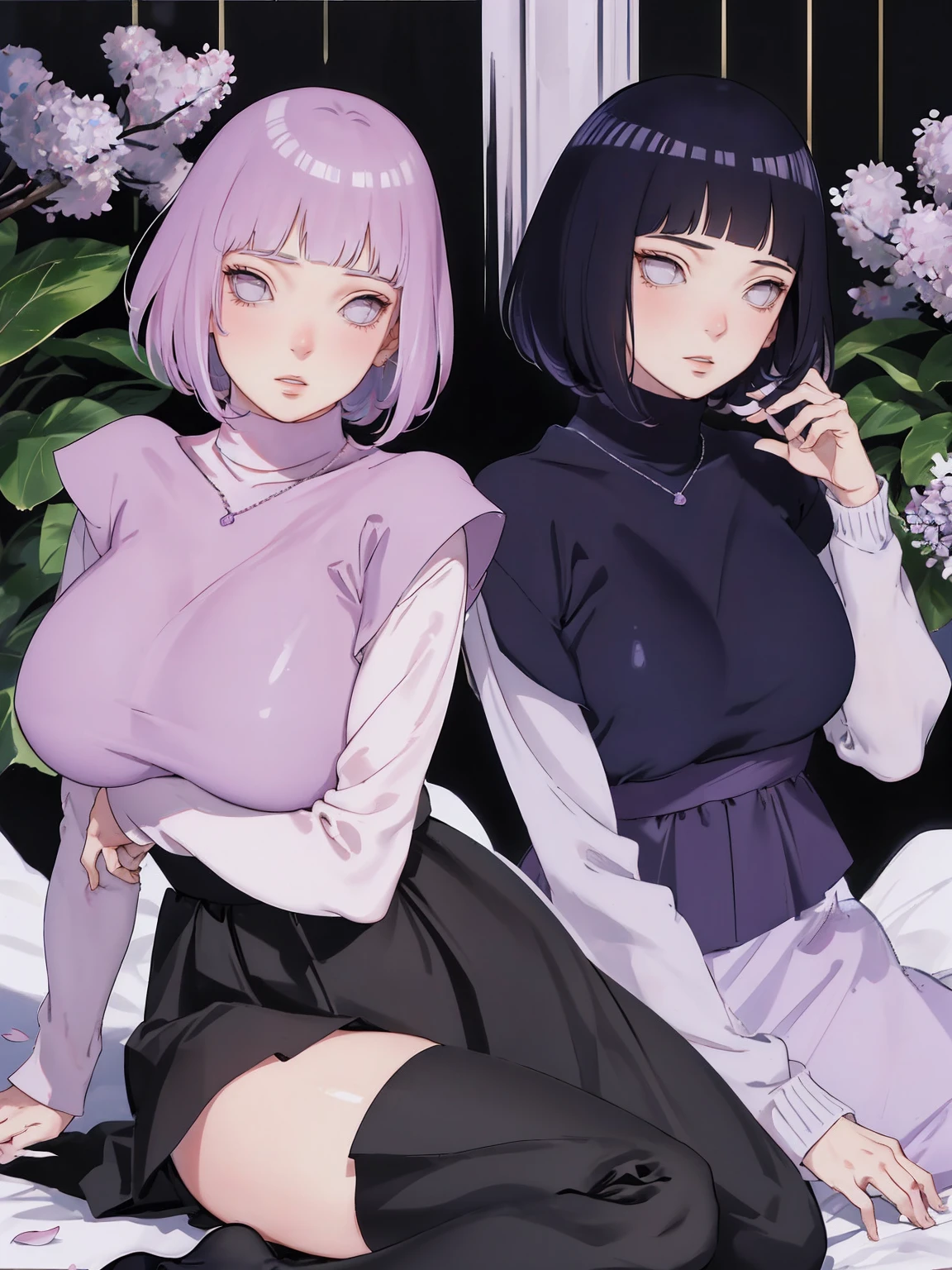 { - anatomy error} (Masterpiece - Ultra-detailed, very high resolution) (huge titusty, masterpiece, absurdness', hinata\(boruto\), 1girl, solo, mature female, lilac turtleneck blouse, high waist black long skirt, looking at viewelling petals), perfect composition, detailed lips, big breast, beautiful face, body proportion, blush, (pink lips), short hair, (black hair), purple eyes, soft gaze, super realistic, detailed, photoshoot, realistic face and body, closed mouth , lilac eyes, full body, sitting on the floor , back boots, hidden hands, reading, writing, perfect fingers, innocent face