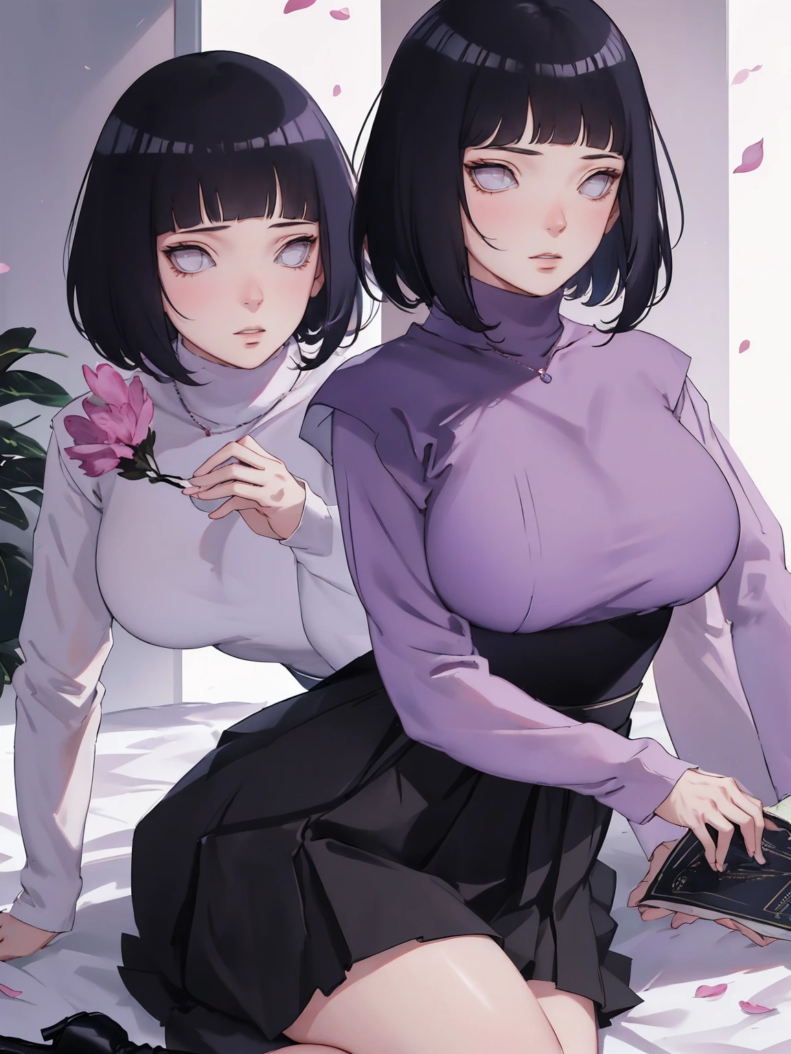 { - anatomy error} (Masterpiece - Ultra-detailed, very high resolution) (huge titusty, masterpiece, absurdness', hinata\(boruto\), 1girl, solo, mature female, lilac turtleneck blouse, high waist black long skirt, looking at viewelling petals), perfect composition, detailed lips, big breast, beautiful face, body proportion, blush, (pink lips), short hair, (black hair), purple eyes, soft gaze, super realistic, detailed, photoshoot, realistic face and body, closed mouth , lilac eyes, full body, sitting on the floor , back boots, hidden hands, reading, writing, perfect fingers, innocent face