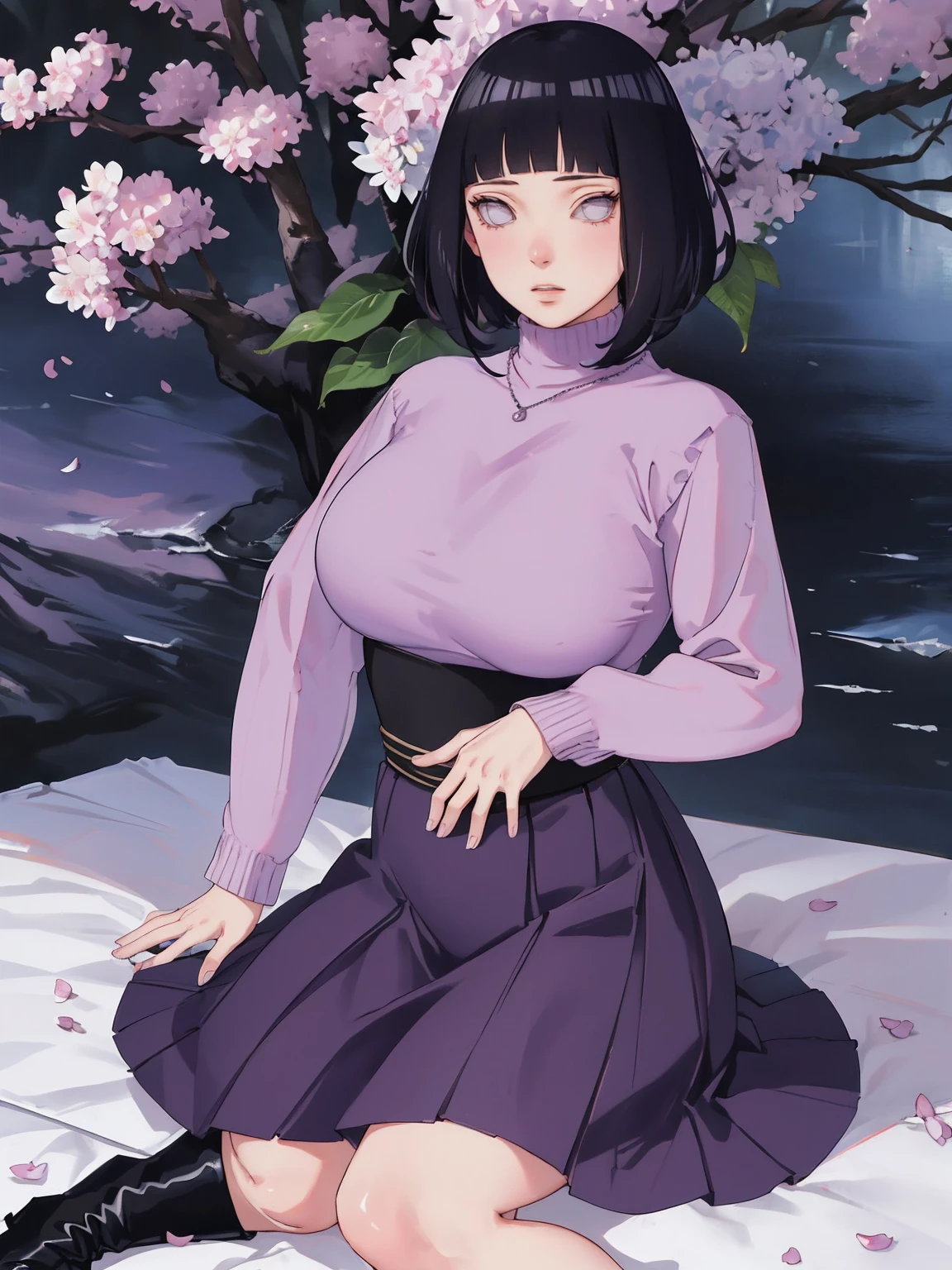 { - anatomy error} (Masterpiece - Ultra-detailed, very high resolution) (huge titusty, masterpiece, absurdness', hinata\(boruto\), 1girl, solo, mature female, lilac turtleneck blouse, high waist black long skirt, looking at viewelling petals), perfect composition, detailed lips, big breast, beautiful face, body proportion, blush, (pink lips), short hair, (black hair), purple eyes, soft gaze, super realistic, detailed, photoshoot, realistic face and body, closed mouth , lilac eyes, full body, sitting on the floor , back boots, hidden hands, reading, writing, perfect fingers, innocent face