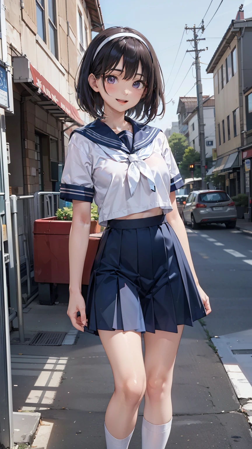 sailor suit, one woman, (a beauty woman, delicate :1.3), 8K, highest quality, masterpiece, Super detailed, ultra high resolution, realistic, RAW photo, absolute resolution, black hair, bob cut, small face compared to body, very small face, black hair, navy blue sailor uniform, Dark blue skirt, High school girl in sailor suit, Anime 2D rendering, realistic若いアニメの女子高生, , ((white headband)), (white headband), small breasts, tall, slanted eyes, purple eyes, (school scenery), black stockings, bright color, open your mouth, smile,