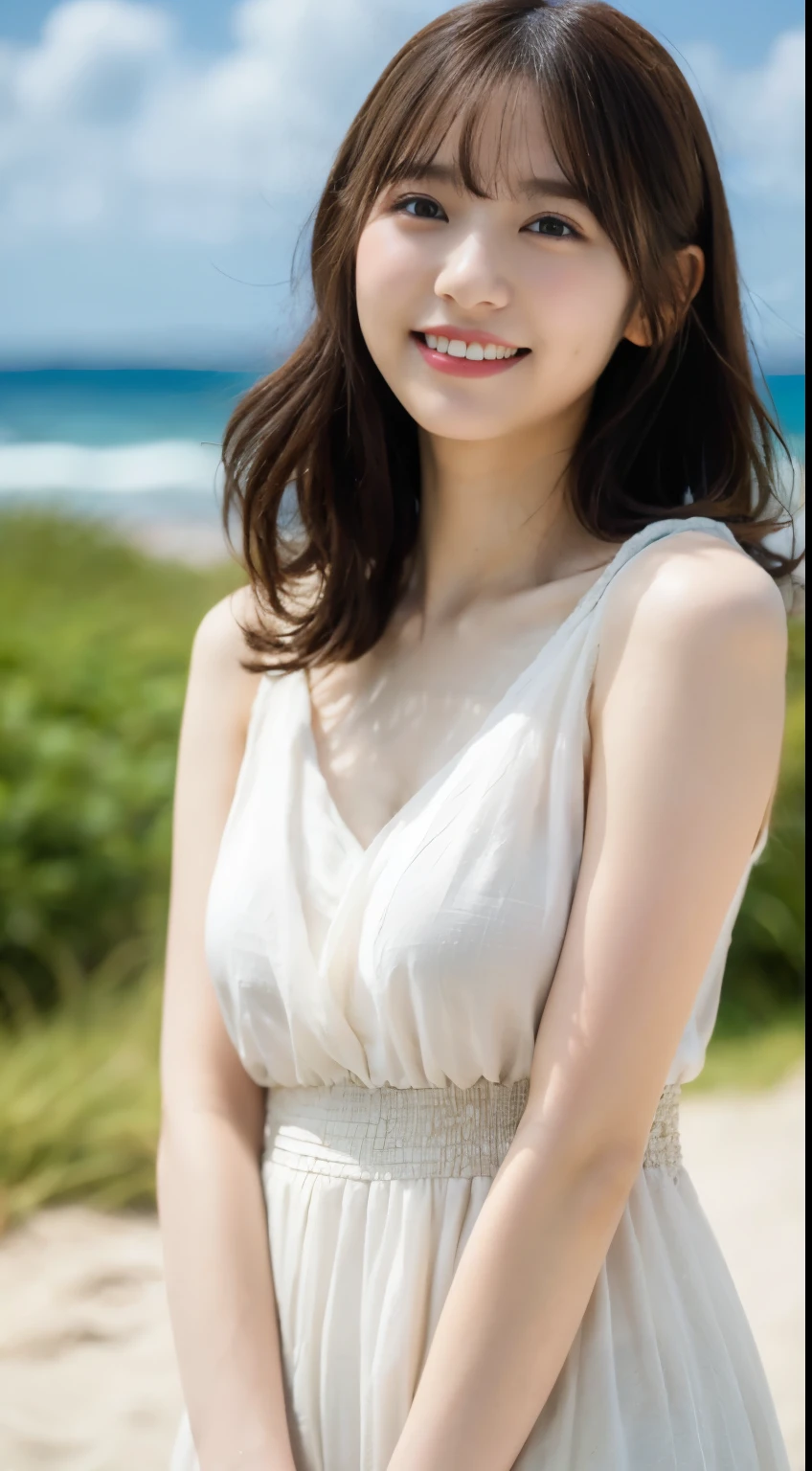 adorable, japanese girl, white dress ,beach、White hat (smile:0.7), curly hair, hair scrunchie, , (highly detailed skin), (highest quality:1.0), (Super high resolution:1.0) ,(photo-realistic:1.0), (super detailed:1.0), (8K, RAW photo:1.1)