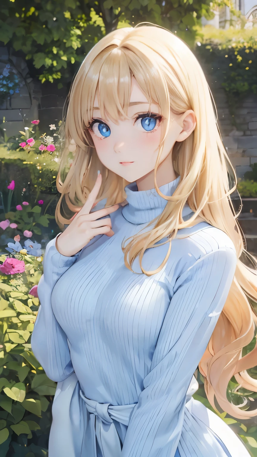 (masterpiece:1.2), (highest quality:1.2),, Curvy but slender body, perfect eyes, perfect face, perfect lighting, 1 girl, in the garden, （whole bodyが見える），（Are standing），（knitted sweater），（cute gesture），（smile），（I&#39;m inside the castle），curly hair, Fine clothes, Detailed outdoor background, compensate, eye shadow, thick eyelashes, fantasy, looking at the viewer, whole body，alice in wonderland、blue sky、Bright and very beautiful face、young shiny glossy white shiny skin、the best beauty、The most beautiful bright blonde hair in the world、thin hair、long hair、Shining beautiful bangs、Glowing crystal clear big blue eyes、Very beautiful lovely 17 year old most beautiful girl in the world、small breasts