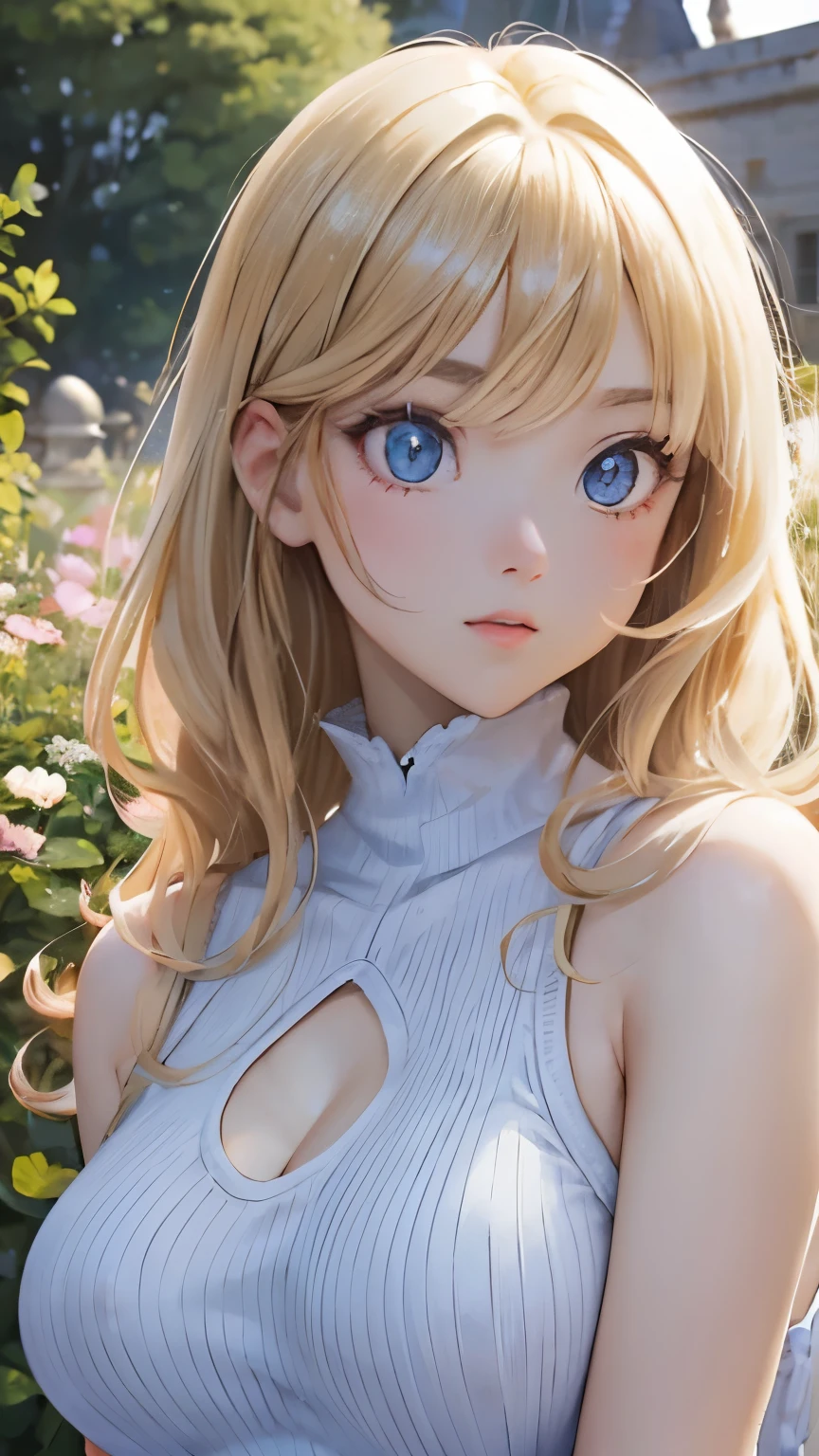 (masterpiece:1.2), (highest quality:1.2),, Curvy but slender body, perfect eyes, perfect face, perfect lighting, 1 girl, in the garden, (whole bodyが見える),(Are standing),(knitted sweater),(cute gesture),(smile),(I'm inside the castle),curly hair, Fine clothes, Detailed outdoor background, compensate, eye shadow, thick eyelashes, fantasy, looking at the viewer, whole body,alice in wonderland、blue sky、Bright and very beautiful face、young shiny glossy white shiny skin、the best beauty、The most beautiful bright blonde hair in the world、thin hair、long hair、Shining beautiful bangs、Glowing crystal clear big blue eyes、Very beautiful lovely 17 year old most beautiful girl in the world、small breasts