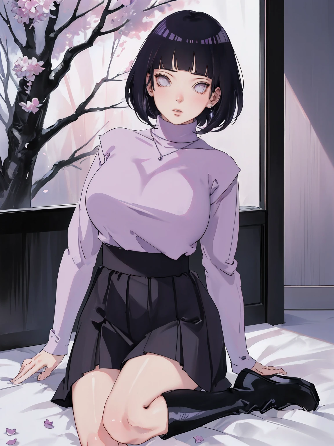 { - anatomy error} (Masterpiece - Ultra-detailed, very high resolution) (huge titusty, masterpiece, absurdness', hinata\(boruto\), 1girl, solo, mature female, lilac turtleneck blouse, high waist black long skirt, looking at viewelling petals), perfect composition, detailed lips, big breast, beautiful face, body proportion, blush, (pink lips), short hair, (black hair), purple eyes, soft gaze, super realistic, detailed, photoshoot, realistic face and body, closed mouth , lilac eyes, full body, sitting on the floor , back boots, hidden hands, reading, writing, perfect fingers, innocent face