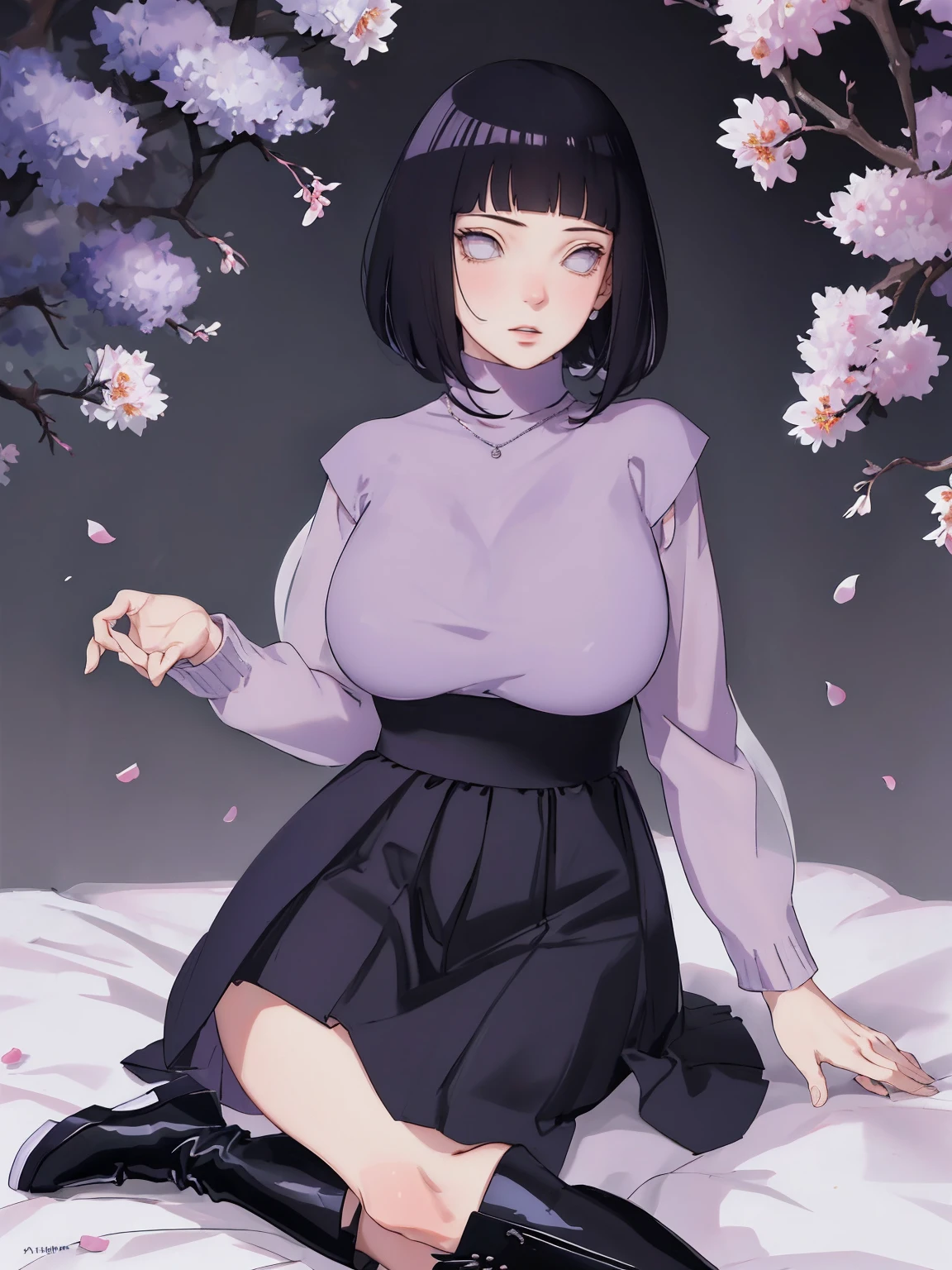 { -  error} (Masterpiece - Ultra-detailed, very high resolution) (huge titusty, masterpiece, absurdres, hinata\(boruto\), 1girl, solo,mature female, lilac turtleneck blouse, high waist black long skirt, looking at viewelling petals), perfect composition, detailed lips, big breast, beautiful face, body propotion, blush, (pink lips), short hair, (black hair), purple eyes, soft gaze, super realistic, detailed, photoshoot, realistic face and body, closed mouth , lilac eyes, full body, sitting on the floor , back boots, hidden hands, perfect fingers, inocent face