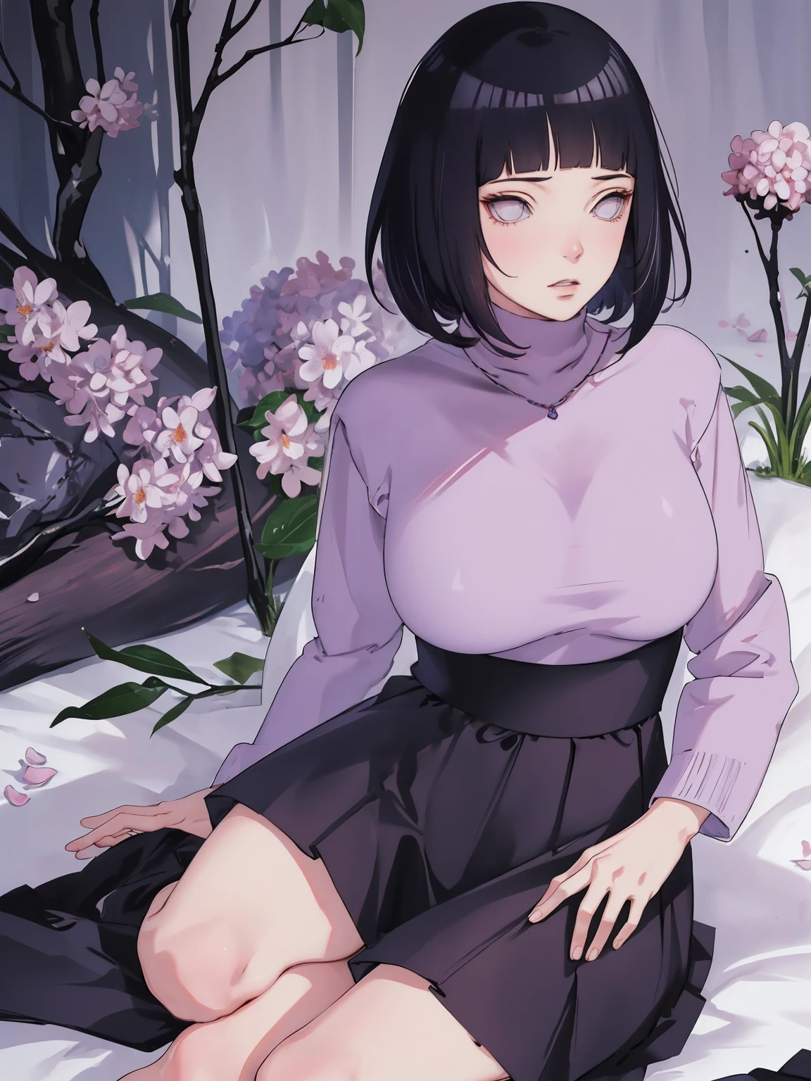 { - anatomy error} (Masterpiece - Ultra-detailed, very high resolution) (huge titusty, masterpiece, absurdness', hinata\(boruto\), 1girl, solo, mature female, lilac turtleneck blouse, high waist black long skirt, looking at viewelling petals), perfect composition, detailed lips, big breast, beautiful face, body proportion, blush, (pink lips), short hair, (black hair), purple eyes, soft gaze, super realistic, detailed, photoshoot, realistic face and body, closed mouth , lilac eyes, full body, sitting on the floor , back boots, hidden hands, reading, writing, perfect fingers, innocent face