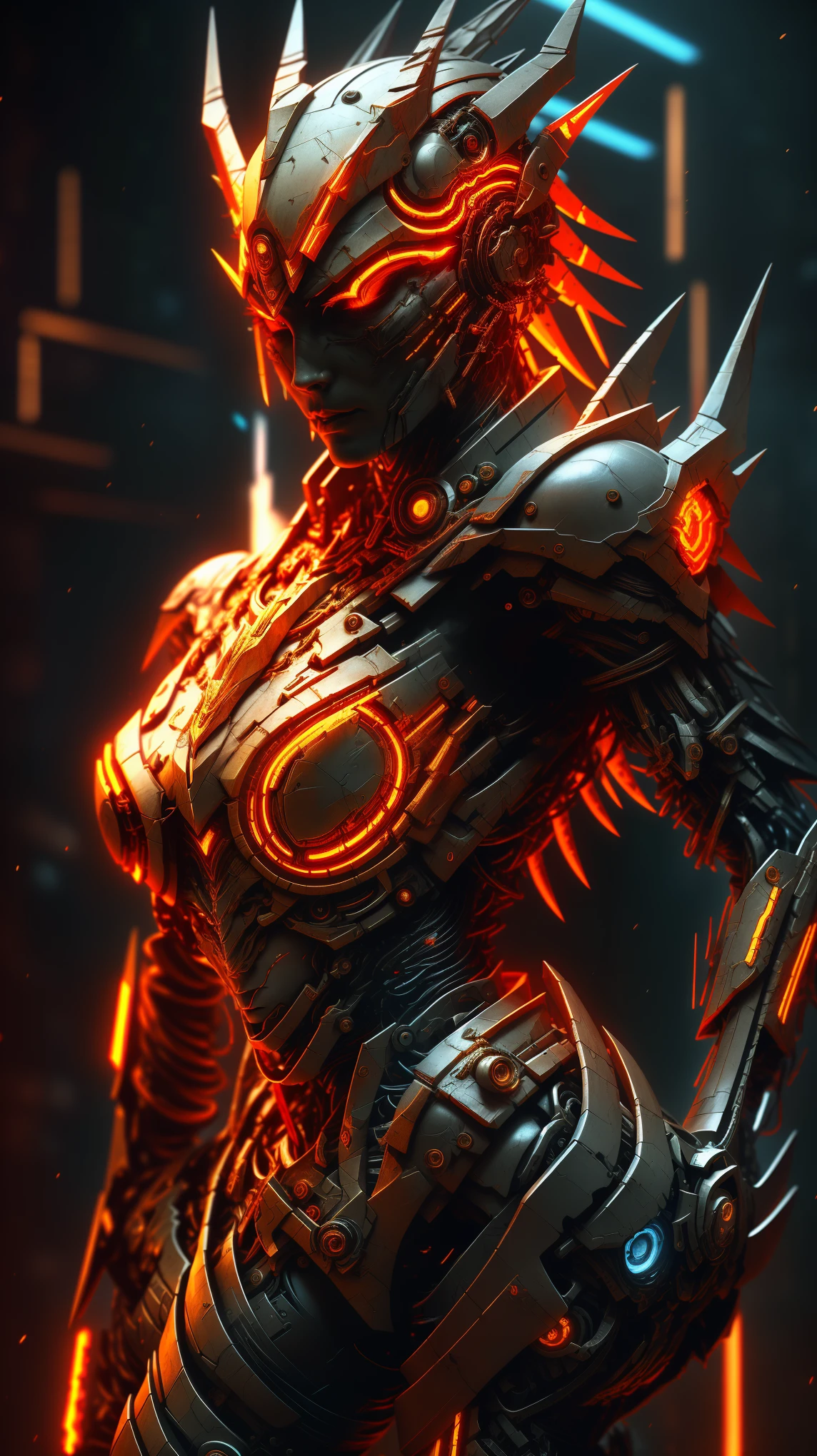 [SH4G0D:1], a beautiful cyborg warrior girl cyberpunk sensual vampiric beautiful body beautiful face in big breasts bionic legs bionic arms armor in an intricate futuristic cyberpunk city ultra detailed 8k extremely realistic[cabelo fluorescente:1]