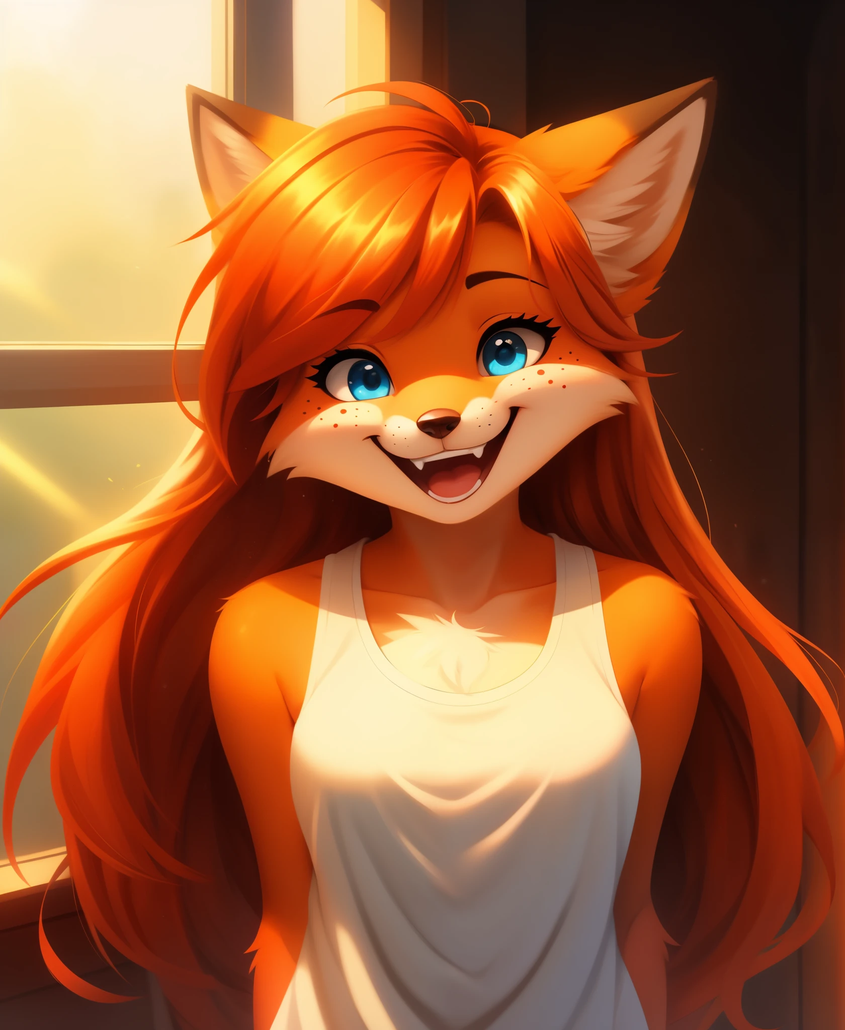 1girl, solo, red_fox_girl, anna, 1girl, blue eyes, freckles, twin braids, orange hair, red_fur, gleeful, (closed_eyes:0.4), happy, laughing,