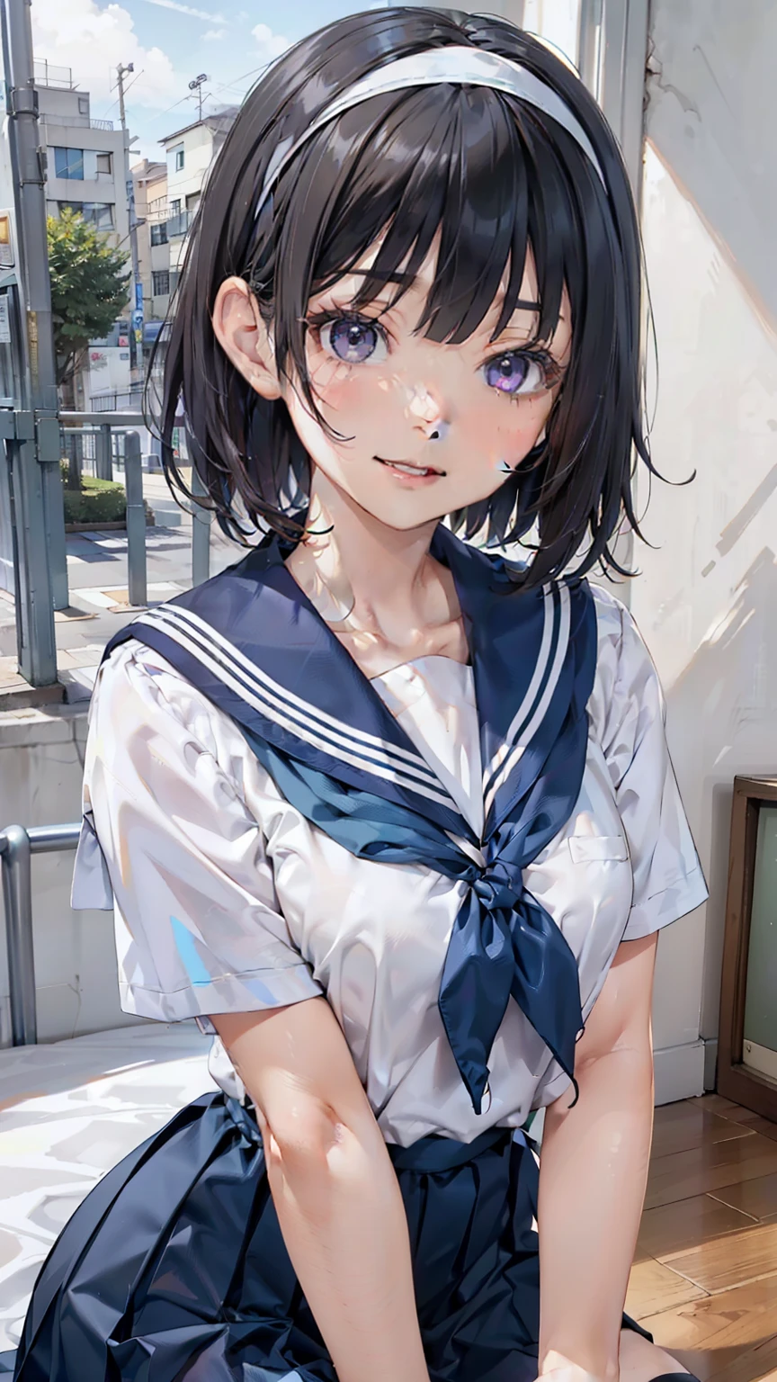 sailor suit, one woman, (a beauty woman, delicate :1.3), 8K, highest quality, masterpiece, Super detailed, ultra high resolution, realistic, RAW photo, absolute resolution, black hair, bob cut, small face compared to body, very small face, black hair, navy blue sailor uniform, Dark blue skirt, High school girl in sailor suit, Anime 2D rendering, realistic若いアニメの女子高生, , ((white headband)), (white headband), small breasts, tall, slanted eyes, purple eyes, (school scenery), black stockings, bright color, open your mouth, smile,