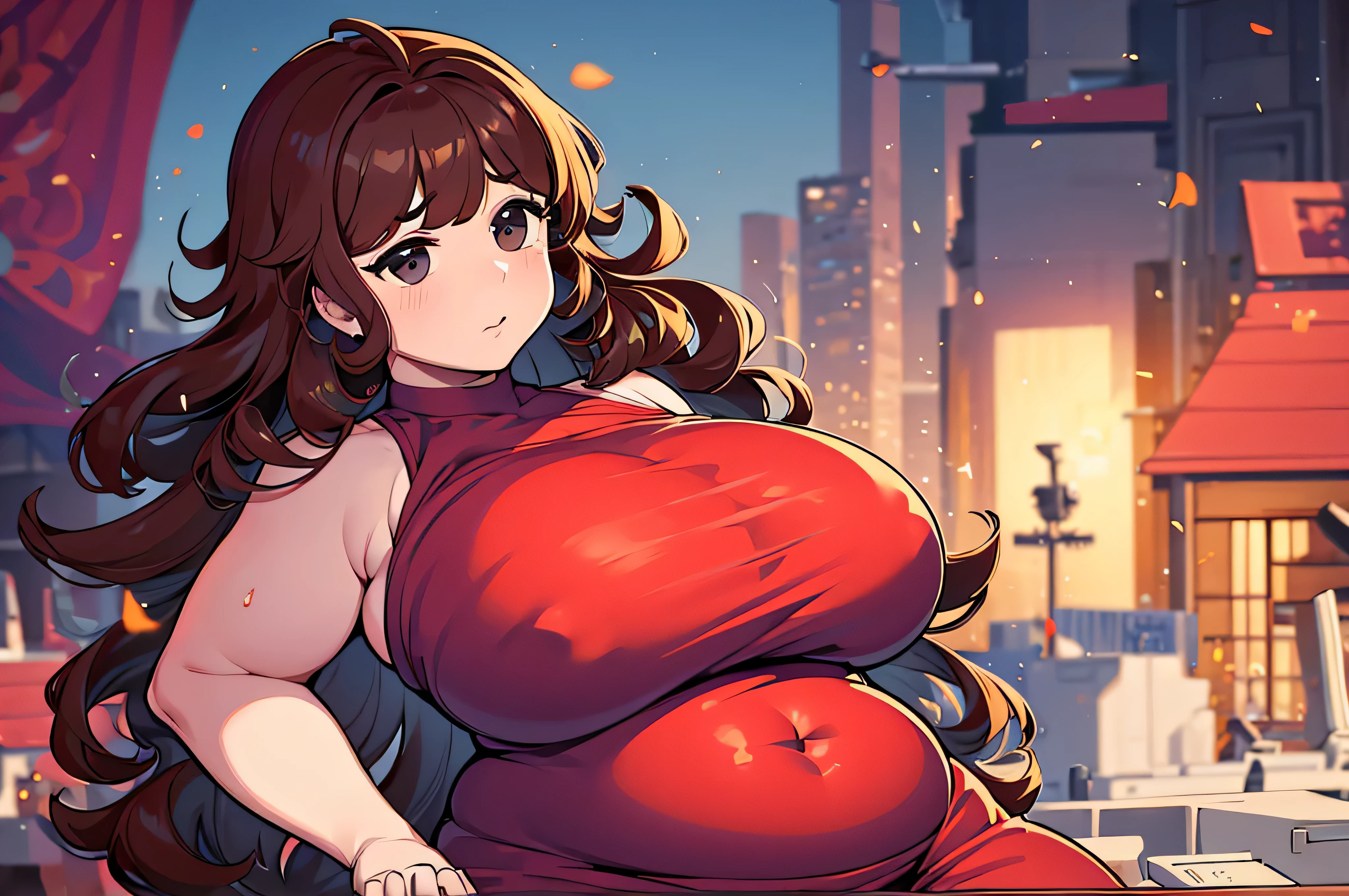 Namorada, sentado no alto-falante, Curved, muito gorda, quadris largos, enorme, coxas grossas e macias, muito gordo flabby arms, Realistic lighting, alto detalhe, Rosto detalhado, sombreamento realista, rolos de gordura, tamanho enorme, seios gigantescos e enormes transbordando de gordura, decote enorme, pesado, mais tamanho, everything is fat, textura macia, lindos olhos grandes, semi-realista, dynamic angle, pattern clothes, muito gorda, SSBBW, fat arms, very fat
