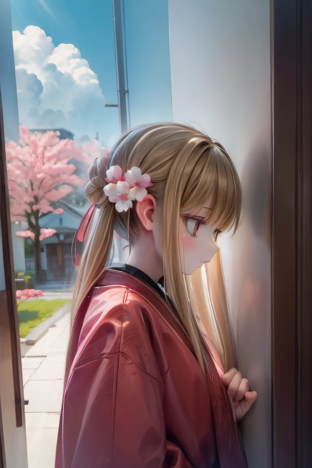 Doll standing in front of the painting、blonde、Yawning face、Rococo、(high definition figures)、Flowing cherry colored silk、cherry blossom petals、Flowing cherry blossom silk、Taken from the side、Bokeh effect strong、season!!: 🌸 ☀ 🍂 ❄