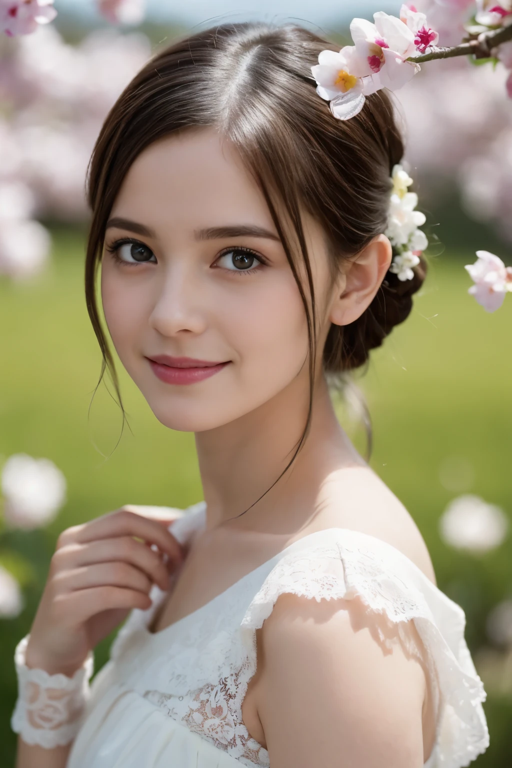 Masterpiece, Best quality, 8k, 18 ans, Photo brute, absurdes, Award-winning portrait, sourire, sourire, pure, french, pink dress, spring, , orchard in bloom, laces, famous singer