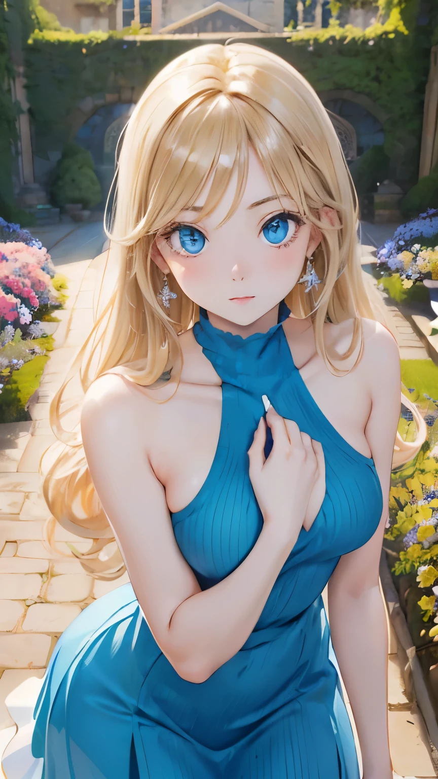 (masterpiece:1.2), (highest quality:1.2),, Curvy but slender body, perfect eyes, perfect face, perfect lighting, 1 girl, in the garden, （whole bodyが見える），（Are standing），（sleeveless sweater），（cute gesture），（smile），（I&#39;m inside the castle），curly hair, Fine clothes, Detailed outdoor background, compensate, eye shadow, thick eyelashes, fantasy, looking at the viewer, whole body，alice in wonderland、blue sky、Bright and very beautiful face、young shiny glossy white shiny skin、the best beauty、The most beautiful bright blonde hair in the world、thin hair、long hair、Shining beautiful bangs、Glowing crystal clear big blue eyes、Very beautiful lovely 17 year old most beautiful girl in the world、small breasts