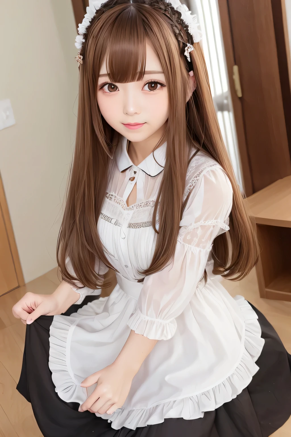 ((Maid clothes))、hair ornaments、whole body、Photo taken from below、one beautiful maid、break、(((bronze hair fringe hair)))、indoor