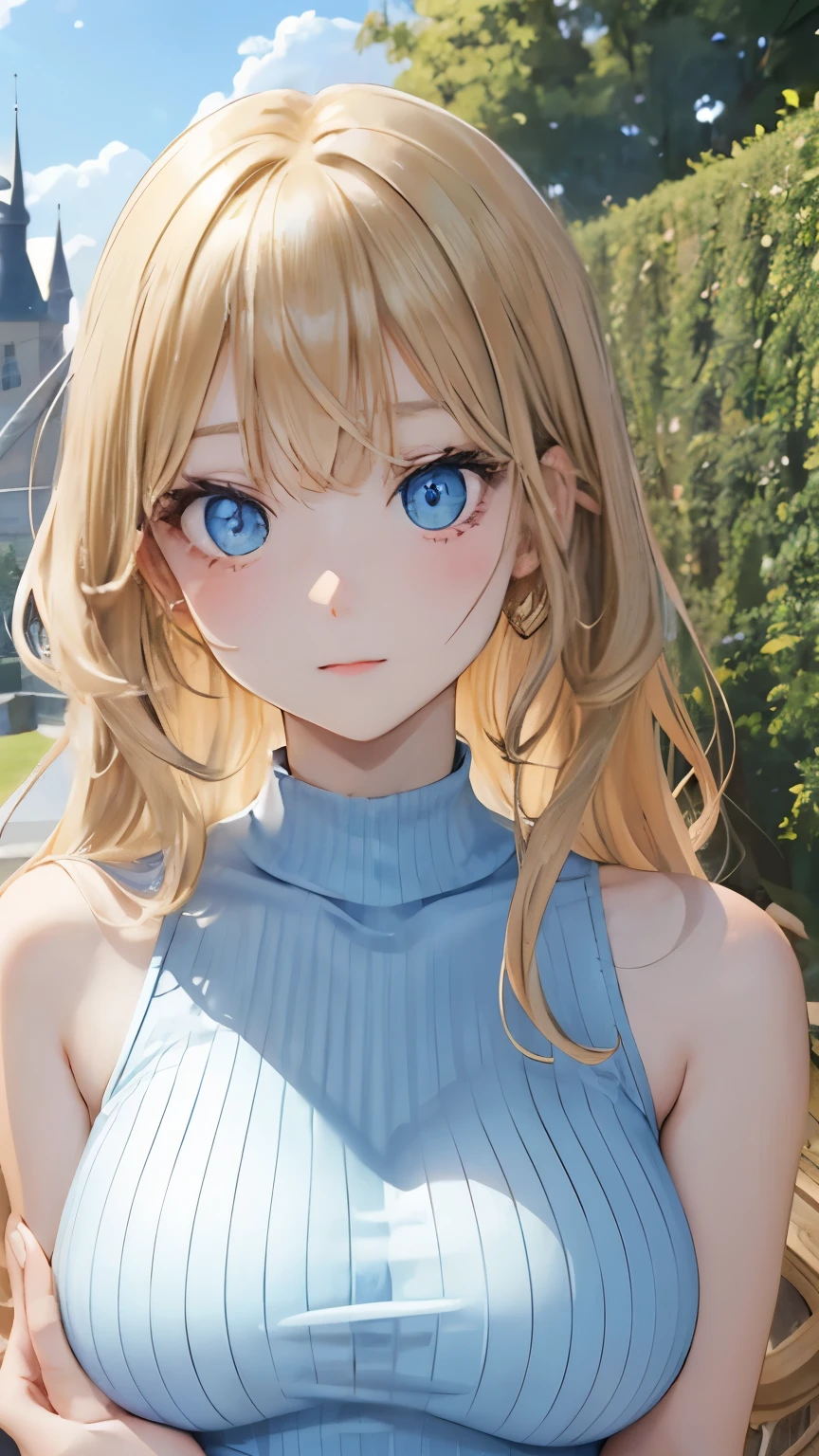 (masterpiece:1.2), (highest quality:1.2),, Curvy but slender body, perfect eyes, perfect face, perfect lighting, 1 girl, in the garden, （whole bodyが見える），（Are standing），（sleeveless sweater），（cute gesture），（smile），（I&#39;m inside the castle），curly hair, Fine clothes, Detailed outdoor background, compensate, eye shadow, thick eyelashes, fantasy, looking at the viewer, whole body，alice in wonderland、blue sky、Bright and very beautiful face、young shiny glossy white shiny skin、the best beauty、The most beautiful bright blonde hair in the world、thin hair、long hair、Shining beautiful bangs、Glowing crystal clear big blue eyes、Very beautiful lovely 17 year old most beautiful girl in the world、small breasts