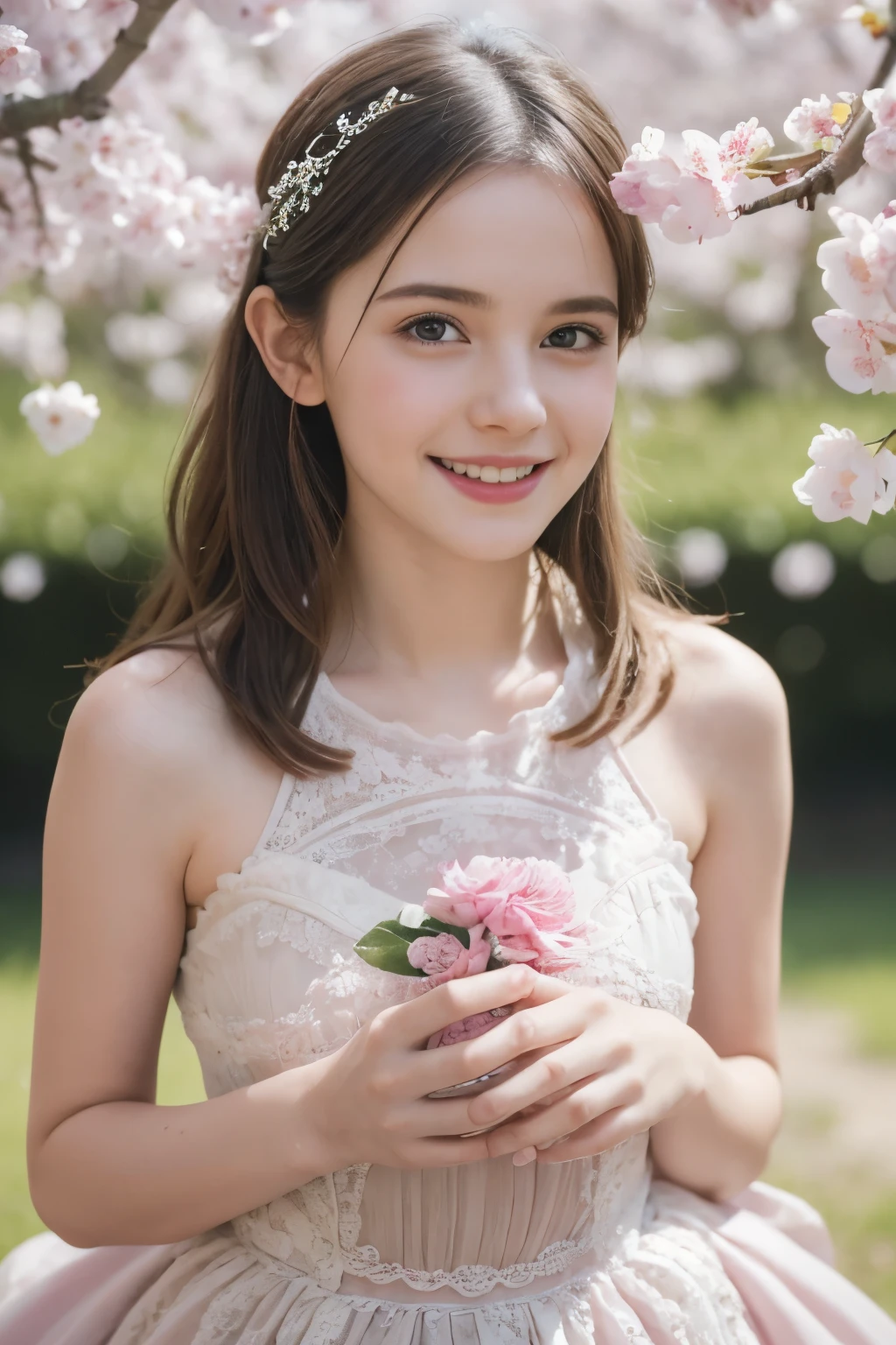 Masterpiece, Best quality, 8k, 18 ans, Photo brute, absurdes, Award-winning portrait, sourire, sourire, pure, french, pink dress, spring, , orchard in bloom, laces, famous singer