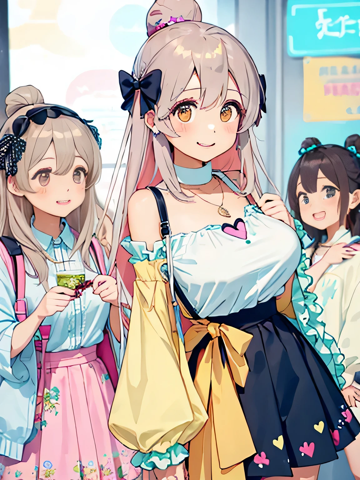 highest quality、High resolution、detailed background、Beautiful teenage girl、((three women))、(huge breasts:1.2)、
It is best to choose colors that have a cute atmosphere., bright colors and pastel colors.。
pink、Light blue、A typical example is yellow.。.。
Add a top or skirt with frills or lace for a cute look..。
Polka dot pattern、flowers print、stripe, wait.、
Incorporating cute patterned items will add an accent to your outfit..。
Ribbon and heart motif hair accessories, necklace, big bow tie, wait.、Brighten up the whole atmosphere with cute accessories.。
We incorporate feminine silhouettes such as loose silhouettes and flared skirts.。、You can create a cuter impression.。
balanced coordination、
It is important to balance the overall look by pairing oversized tops with tight bottoms., and vice versa, By pairing tight tops with voluminous skirts,、.。