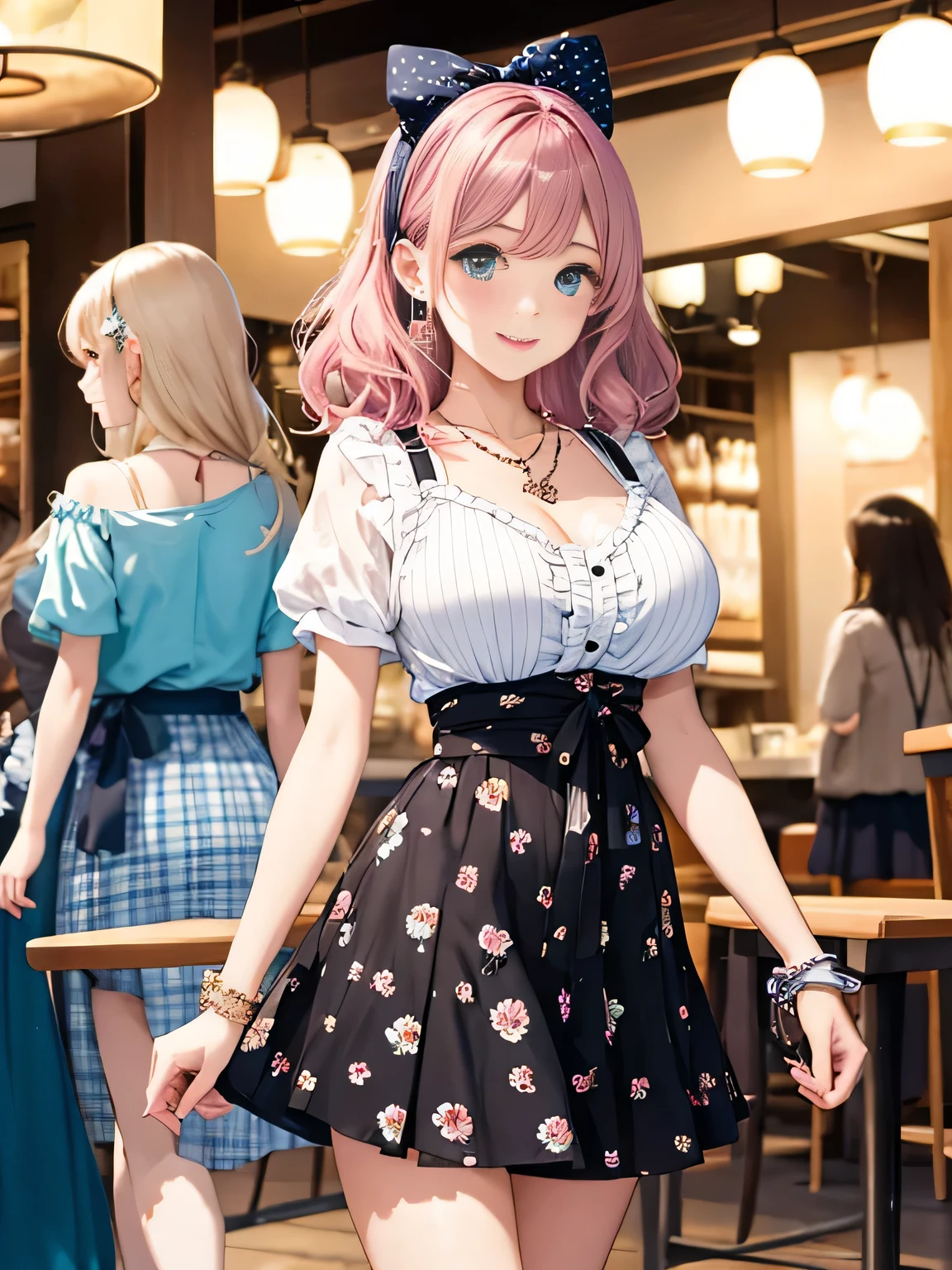 highest quality、High resolution、detailed background、Beautiful teenage girl、((three women))、(huge breasts:1.2)、
It is best to choose colors that have a cute atmosphere., bright colors and pastel colors.。
pink、Light blue、A typical example is yellow.。.。

Add a top or skirt with frills or lace for a cute look..。

Polka dot pattern、flowers print、stripe, wait.、
Incorporating cute patterned items will add an accent to your outfit..。

Ribbon and heart motif hair accessories, necklace, big bow tie, wait.、Brighten up the whole atmosphere with cute accessories.。

We incorporate feminine silhouettes such as loose silhouettes and flared skirts.。、You can create a cuter impression.。

balanced coordination、
It is important to balance the overall look by pairing oversized tops with tight bottoms., and vice versa, By pairing tight tops with voluminous skirts,、.。

