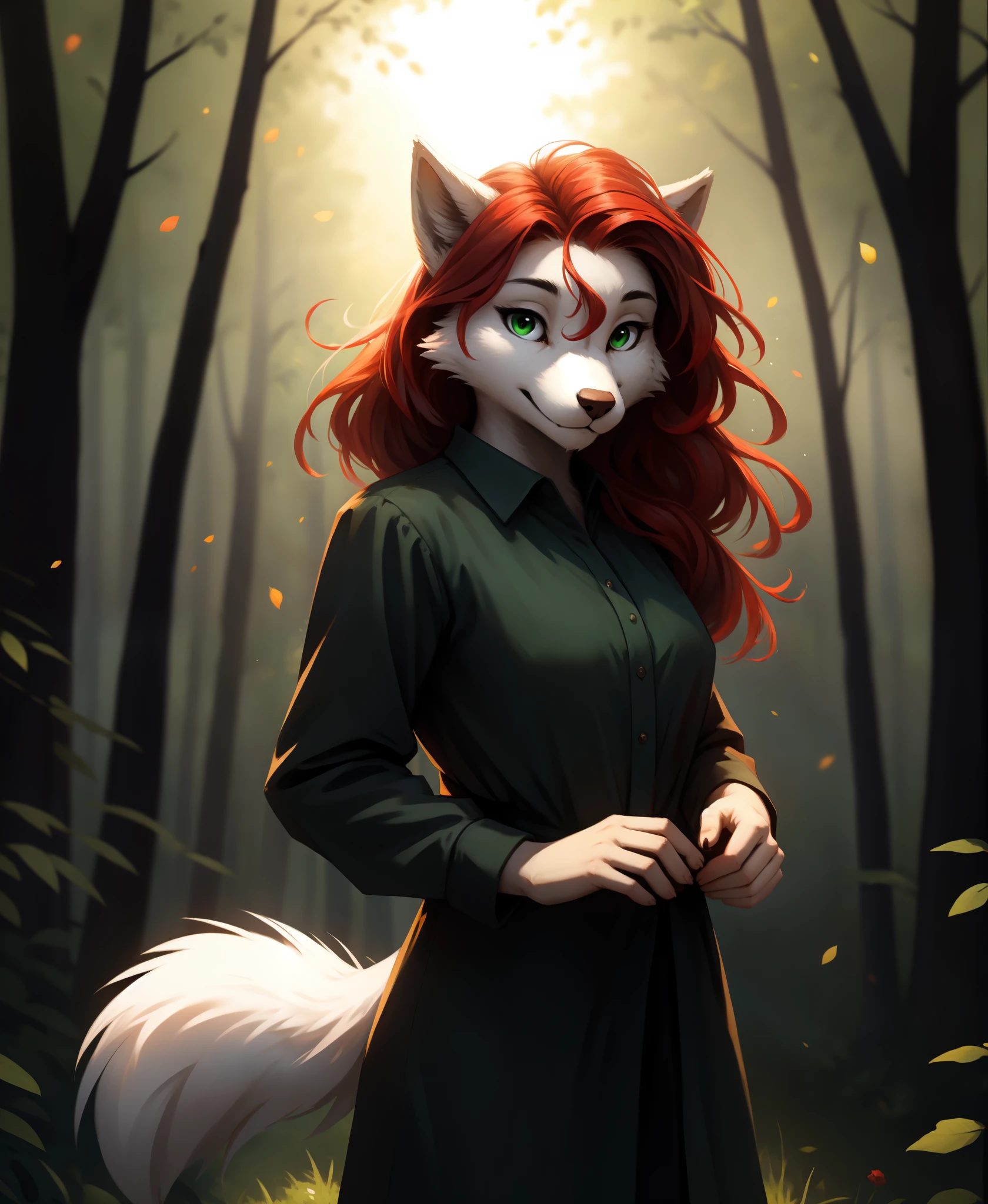 by kenket, by totesfleisch8, (by thebigslick, by silverfox5213:0.8), (by syuro:0.2),, rose-twokinds, twokinds, (best quality, masterpiece:1), solo, furry female anthro, green eyes, long hair, Red hair, portrait, finger claws, looking at viewer, wolf tail, (outdoors dark forest trees blurry blurred background:1.1), green clothes