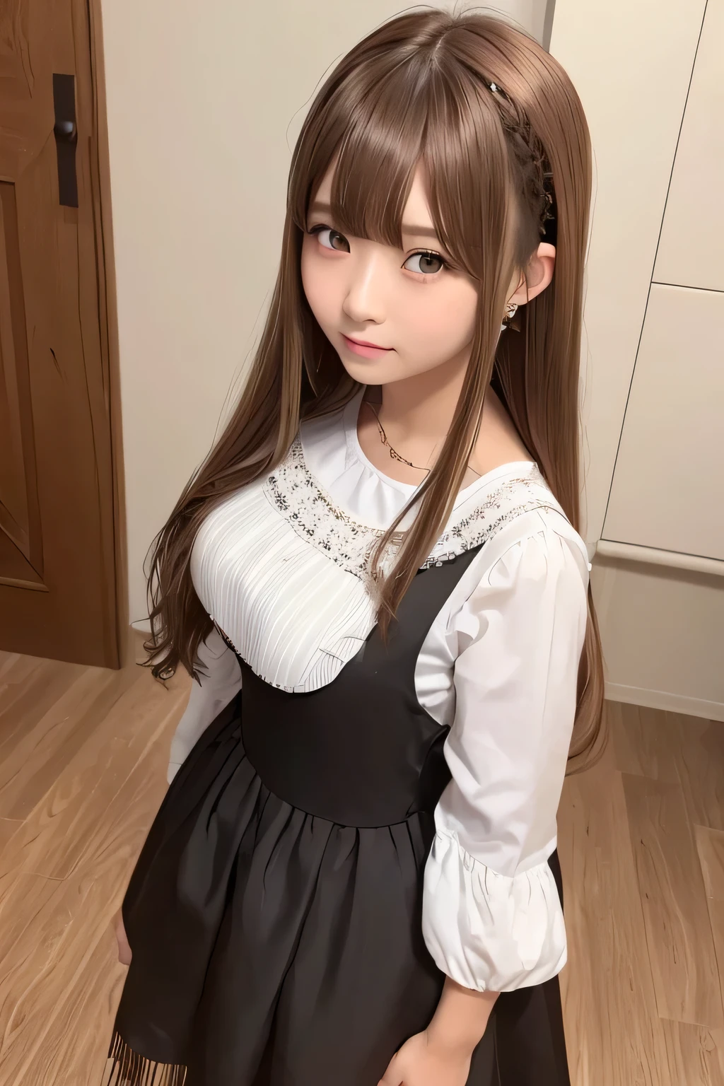 ((Maid clothes))、hair ornaments、whole body、Photo taken from below、one beautiful maid、break、(((bronze hair fringe hair)))、indoor