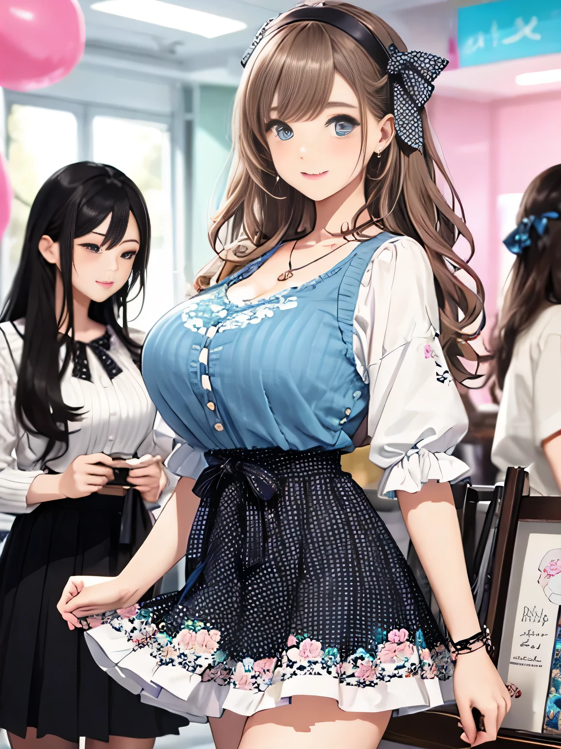 highest quality、High resolution、detailed background、Beautiful girl、((three women))、(huge breasts:1.2)、
It is best to choose colors that have a cute atmosphere., bright colors and pastel colors.。
pink、Light blue、A typical example is yellow.。.。
Add a top or skirt with frills or lace for a cute look..。
Polka dot pattern、flowers print、stripe, wait.、
Incorporating cute patterned items will add an accent to your outfit..。
Ribbon and heart motif hair accessories, necklace, big bow tie, wait.、Brighten up the whole atmosphere with cute accessories.。
We incorporate feminine silhouettes such as loose silhouettes and flared skirts.。、You can create a cuter impression.。
balanced coordination、
It is important to balance the overall look by pairing oversized tops with tight bottoms., and vice versa, By pairing tight tops with voluminous skirts,、.。