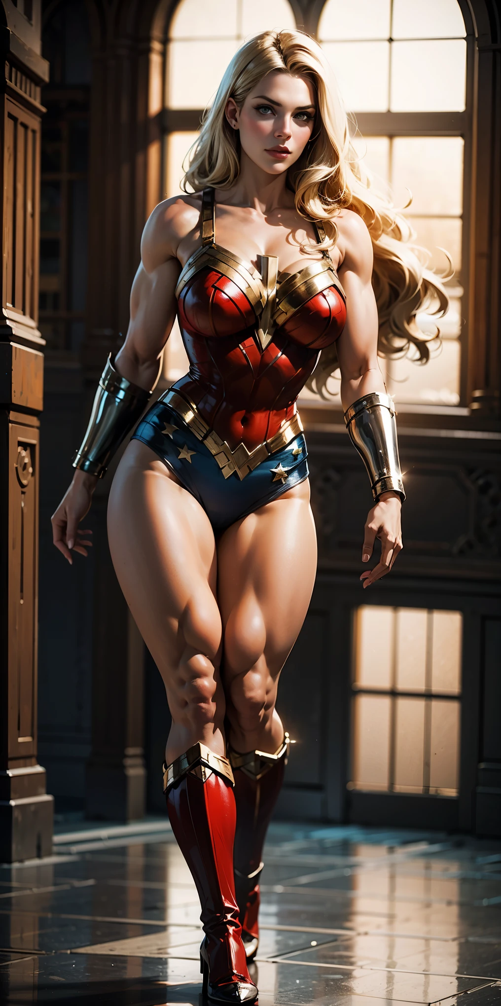 Nordic blonde woman bodybuilder with very large calves very beautiful resemblance to Katheryn Winnick dressed as Wonder Woman with very huge showing her gigantic strength