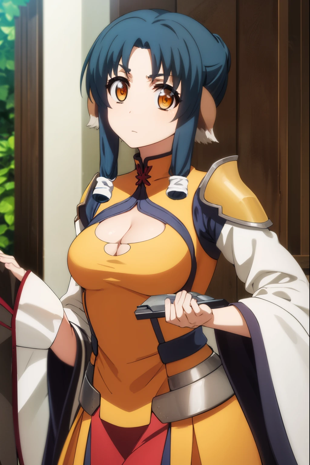 utawarerumonoatui, atui, long hair, (brown eyes:1.5), blue hair, hair tubes, (parted bangs:1.5), dog ears, animal ears,
BREAK cleavage, cleavage cutout, long sleeves, wide sleeves, armor, shoulder armor,
BREAK outdoors,
BREAK looking at viewer, (cowboy shot:1.5),
BREAK (masterpiece:1.2), best quality, high resolution, unity 8k wallpaper, (illustration:0.8), (beautiful detailed eyes:1.6), extremely detailed face, perfect lighting, extremely detailed CG, (perfect hands, perfect anatomy),