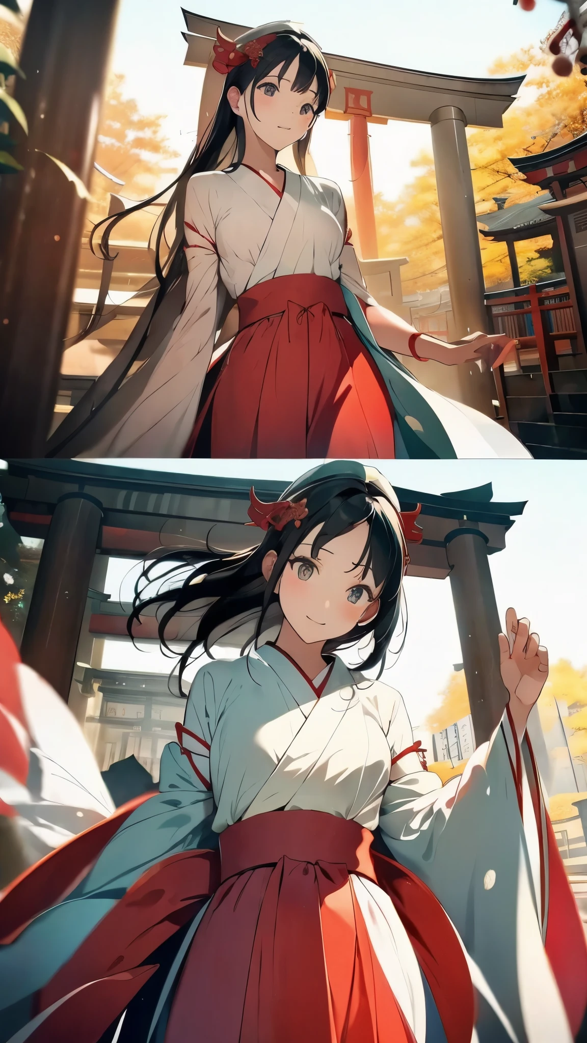 High resolution、photorealistic、very delicate and beautiful、delicate details、white skin、1 girl、japanese young girl、((dancing kagura))、(Japanese dance)、(shrine maiden outfit )、(red hakama)、((Don&#39;t take off the girl&#39;s clothes))、small face、slim body、delicate body、thin arms、perfect hands、thin legs、perfect legs、((very young face))、perfect proportions、(in the sacred place of the shrine)、(torii)、((shrine maiden))、(front、angle from below)、smile