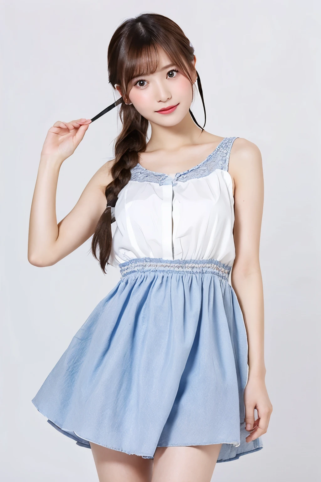 Top quality, one beautiful woman,casual dress,35mm lens, f/1, cowboy shot, (white background: 1.3), ,braid,small breasts,hair ribbon,one leg up
