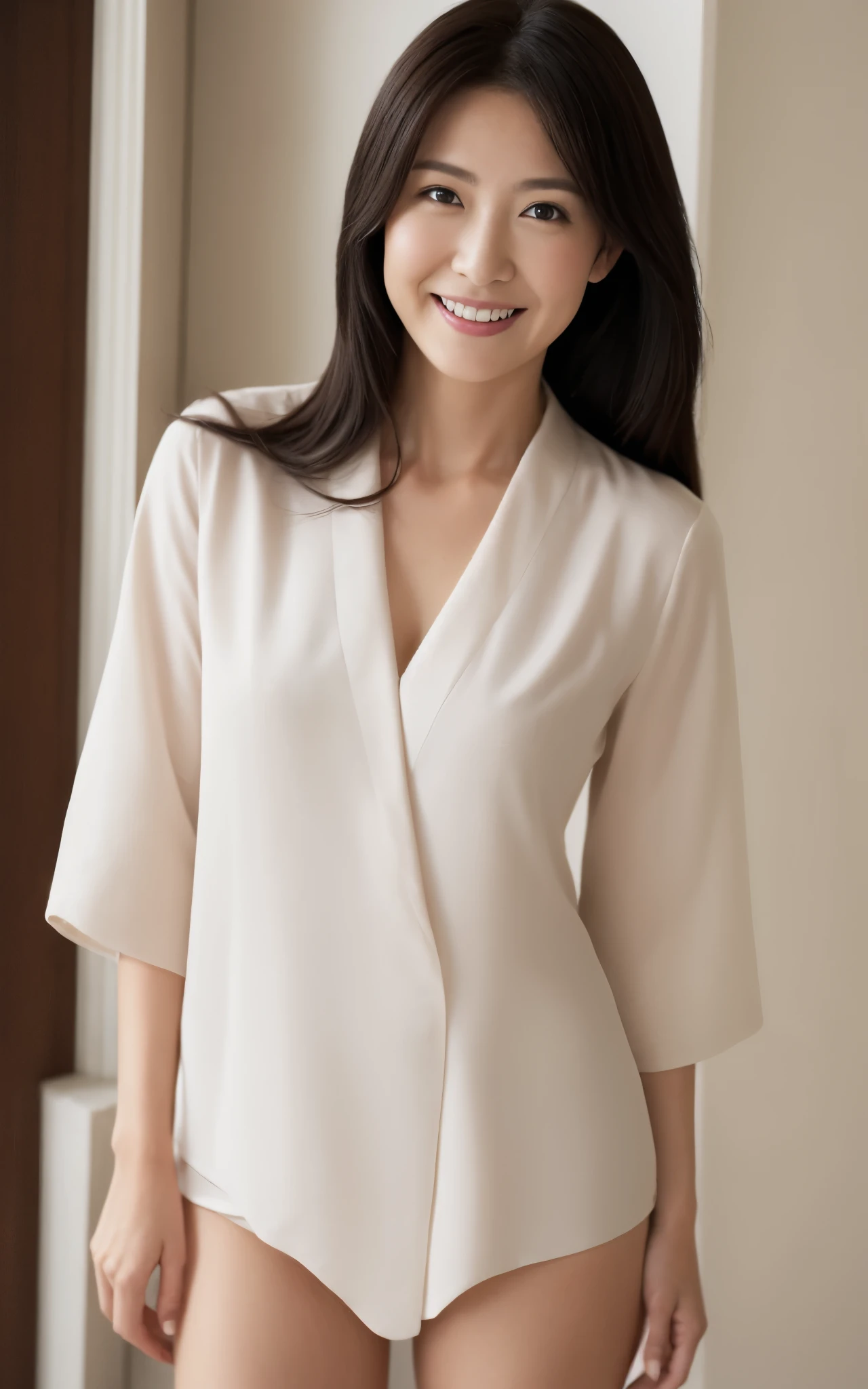 Masterpiece,Best quality, (maam. clerk:1), ((Portrait:1.3)), Cross arms, Large roomChest straight, Smile, Long white legs, skin hyper-detail, Cocked buttocks, No underwear, Beautiful young Japanese woman over 45 years old, (Detailed facial features),  Clean and nice face，