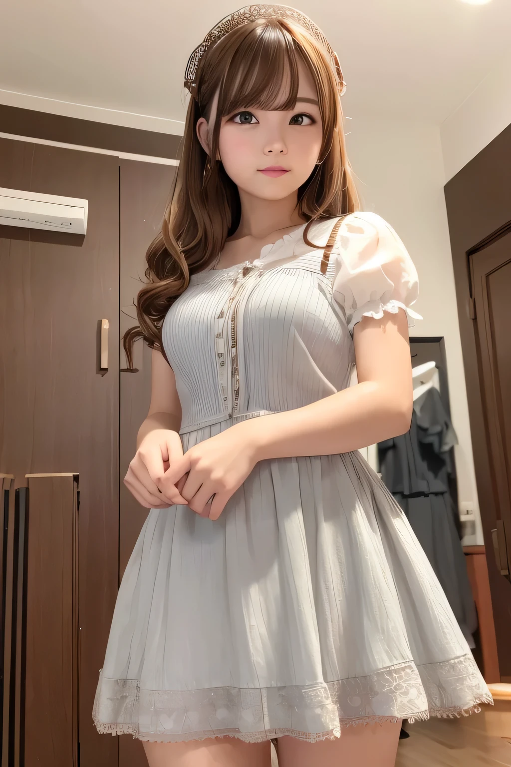 ((Maid clothes))、hair ornaments、whole body、Photo taken from below、one beautiful maid、break、(((bronze hair fringe hair)))、indoor