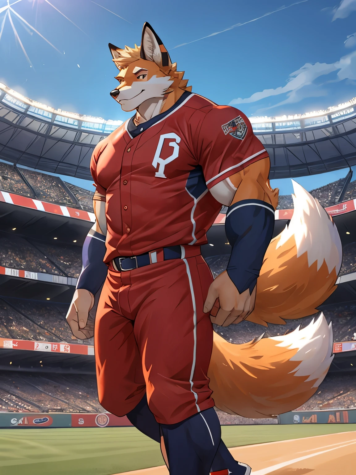 Fox, good looking, male, anthro, baseball uniform, ultradetailed, muscular, solo, bareness, rippling muscles, muscles, stadium background, tail, hot,