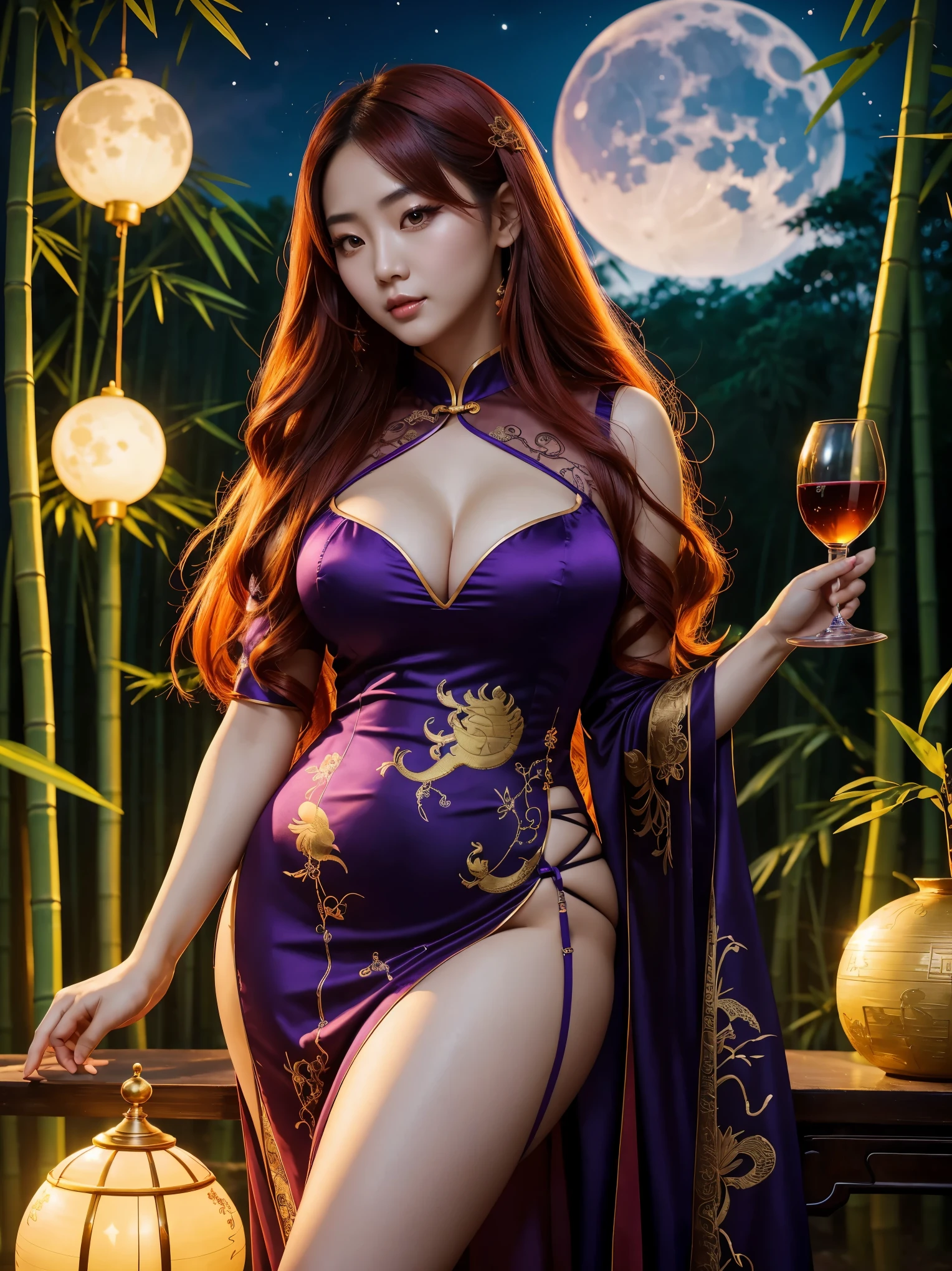 (Beautiful aesthetic sexy Chinese woman, thicc hourglass figure,) holding wine glass, wearing colorful cheongsam_slit-dress with golden dragon_embroidery, 1thigh_garter, long red hair, night violet natural sky,round moon on the bamboo forest,blue night clouds, night jungle, soft fill lighting,