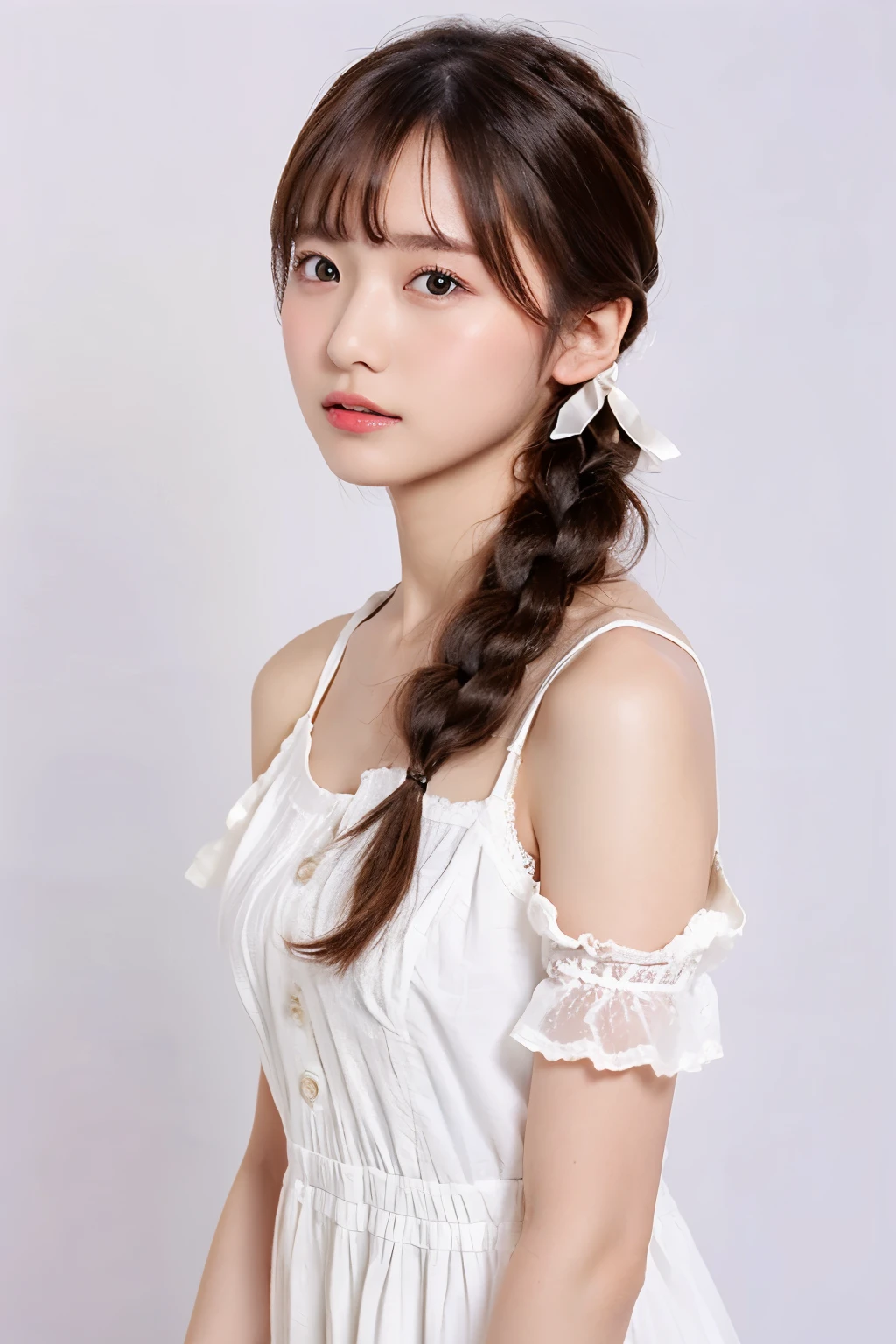 Top quality, one beautiful woman,casual dress,35mm lens, f/1, cowboy shot, (white background: 1.3), ,braid,small ,hair ribbon,