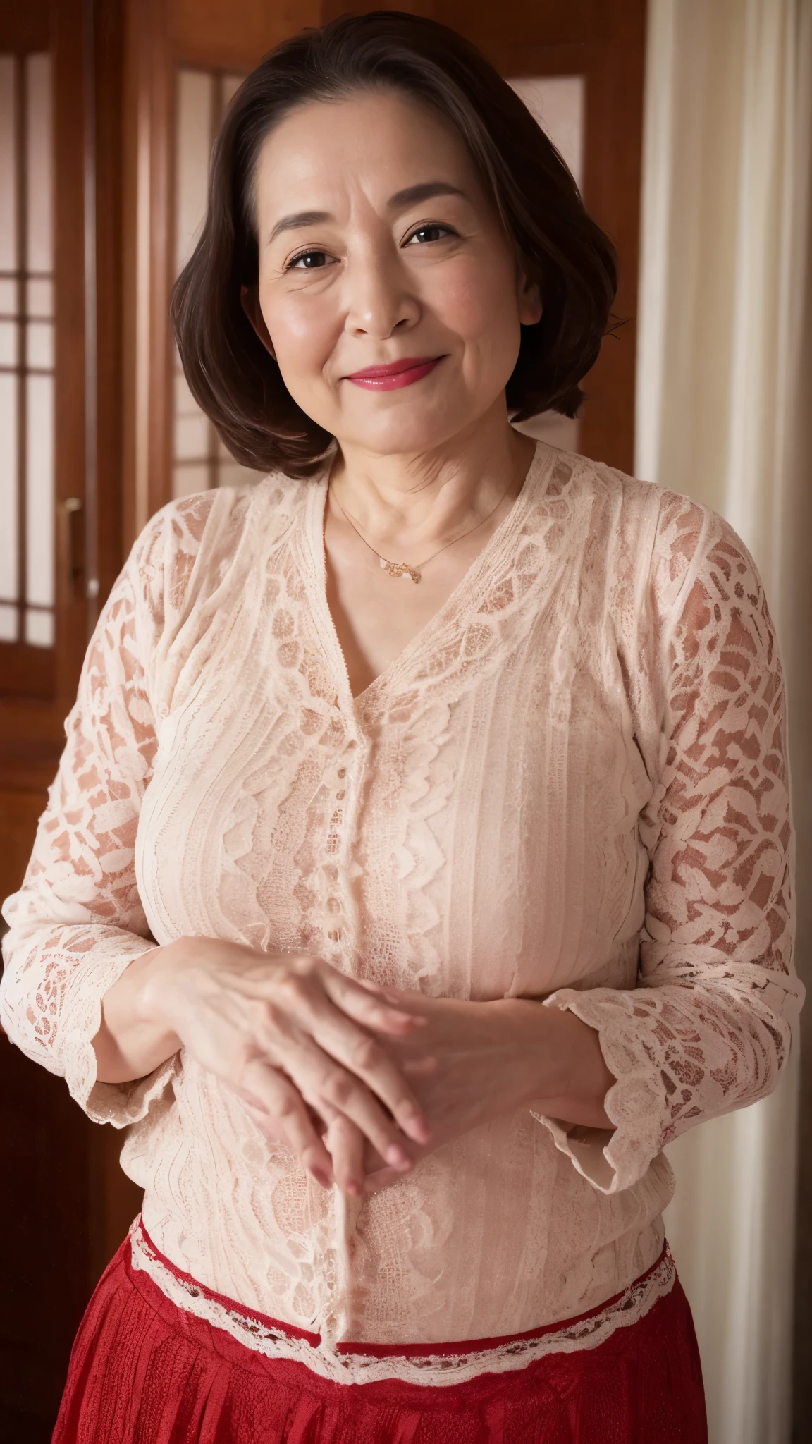 (((Grandmother))):1.3, (((beautiful woman))):1.5 Gravure, describe the lips correctly, red lipstick, The chest is abnormally large, In underwear, Elderly Mature Woman, Mature Woman, flashy face, highest quality, Super high quality, realistic, super dense skin, perfect description, (1 Japanese mature woman), (erotic), 100 years old, big breasts, Bewitching, Glamour, sexy, pure white skin, looking at the viewer,