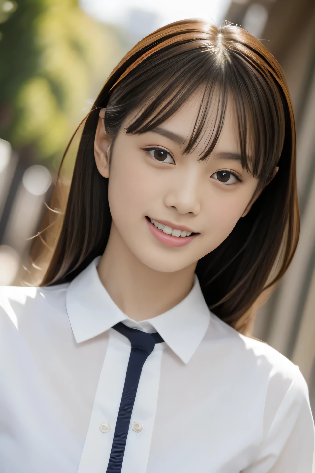 High resolution, realistic, very delicate and beautiful, highest quality, Photo of an ?????? cute Japanese model in her 20s wearing a uniform, red ribbon, Walking through the school corridors, white skin, beautiful and detailed face, beautiful clear eyes, delicate figure, smile, upper teeth, close up of face,