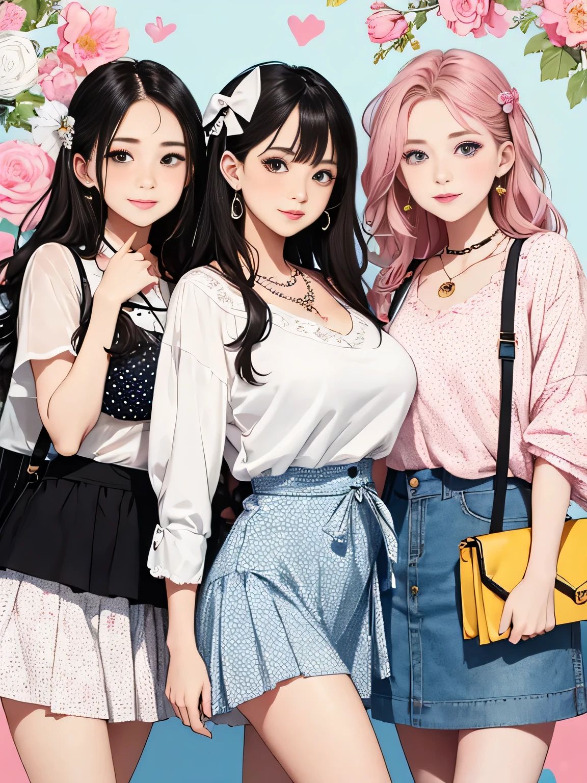highest quality、High resolution、detailed background、Beautiful teenage girl、((three women))、(huge breasts:1.2)、
It is best to choose colors that have a cute atmosphere., bright colors and pastel colors.。
pink、Light blue、A typical example is yellow.。.。
Add a top or skirt with frills or lace for a cute look..。
Polka dot pattern、flowers print、stripe, wait.、
Incorporating cute patterned items will add an accent to your outfit..。
Ribbon and heart motif hair accessories, necklace, big bow tie, wait.、Brighten up the whole atmosphere with cute accessories.。
We incorporate feminine silhouettes such as loose silhouettes and flared skirts.。、You can create a cuter impression.。
balanced coordination、
It is important to balance the overall look by pairing oversized tops with tight bottoms., and vice versa, By pairing tight tops with voluminous skirts,、.。