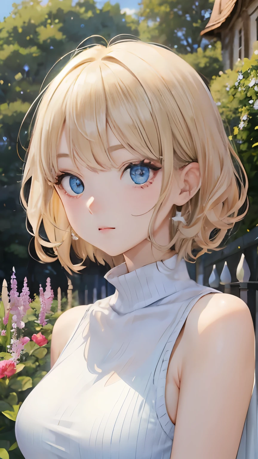 (masterpiece:1.2), (highest quality:1.2),, Curvy but slender body, perfect eyes, perfect face, perfect lighting, 1 girl, in the garden, （The whole body is visible），（Are standing），（sleeveless sweater），（cute gesture），（smile），（I&#39;m inside the castle），curly hair, Fine clothes, Detailed outdoor background, compensate, eye shadow, thick eyelashes, fantasy, looking at the viewer, whole body，alice in wonderland、blue sky、Bright and very beautiful face、young shiny glossy white shiny skin、the best beauty、The most beautiful bright blonde hair in the world、thin hair、short hair、Shining beautiful bangs、Glowing crystal clear big blue eyes、Very beautiful lovely 17 year old most beautiful girl in the world、small breasts