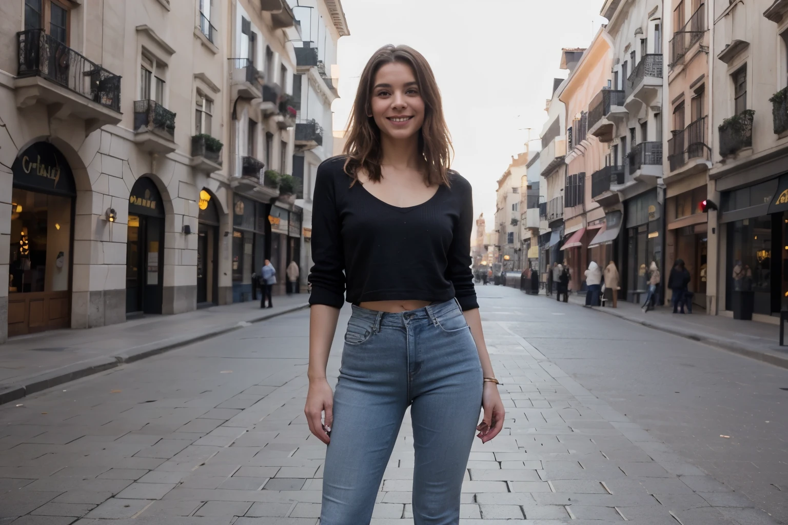 Mejor calidad, 8k, 32k, obra maestra ,ultra detallado, media melena , The color of 25 years old ,cuerpo completo, skinny blue jeans, Botas cortas negras, exterior, plaza mayor, sonriente