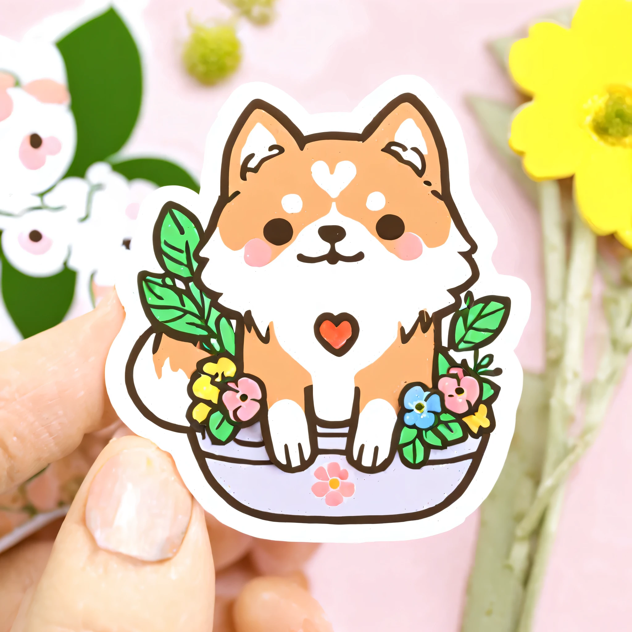 kawaii sticker, shibu inu, florist
