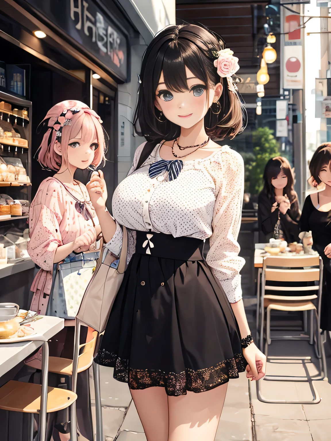 highest quality、High resolution、detailed background、Beautiful teenage girl、((three women))、(huge breasts:1.2)、
It is best to choose colors that have a cute atmosphere., bright colors and pastel colors.。
pink、Light blue、A typical example is yellow.。.。
Add a top or skirt with frills or lace for a cute look..。
Polka dot pattern、flowers print、stripe, wait.、
Incorporating cute patterned items will add an accent to your outfit..。
Ribbon and heart motif hair accessories, necklace, big bow tie, wait.、Brighten up the whole atmosphere with cute accessories.。
We incorporate feminine silhouettes such as loose silhouettes and flared skirts.。、You can create a cuter impression.。
balanced coordination、
It is important to balance the overall look by pairing oversized tops with tight bottoms., and vice versa, By pairing tight tops with voluminous skirts,、.。