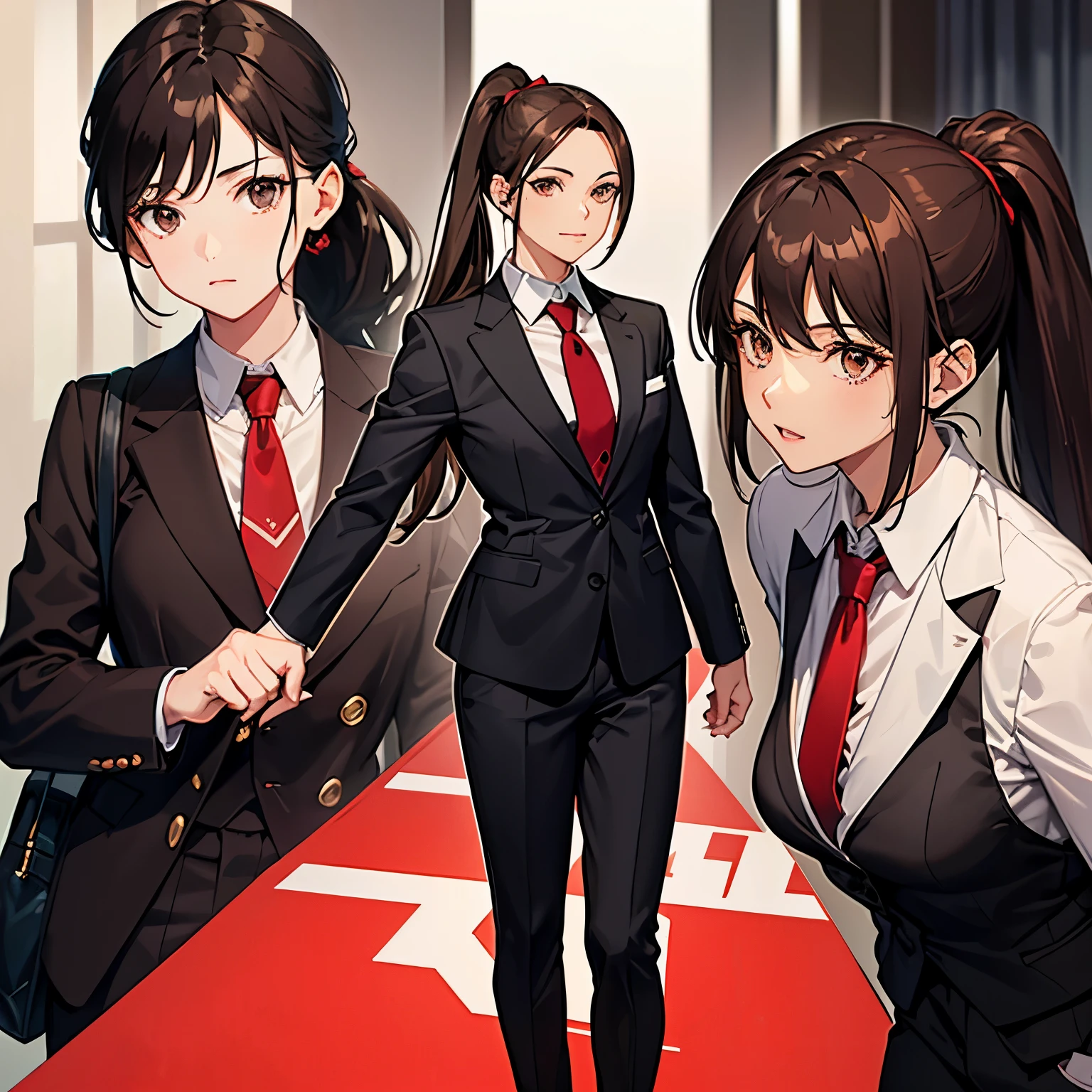 dark brown hair dark brown eyes black business suit small breasts red tie black color bag ponytail 33 years old pants front