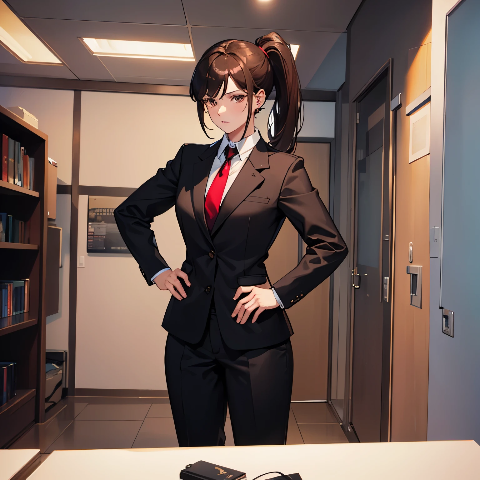 dark brown hair　dark brown eyes　black business suit　small breasts　red tie　　black color bag　ponytail　33 years old　pants　front