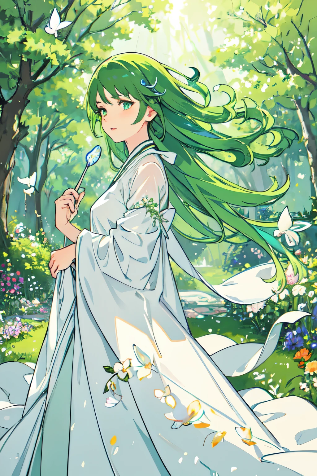 (best quality,4k,highres),detailed,girl with green hair,beautiful detailed eyes,beautiful detailed lips,green hair flowing in the wind,standing in a garden,facing the sky,soft sunlight illuminating her face,faint smile on her lips,flowers blooming around her, vibrant colors,dreamy atmosphere,impressionist style,light brushstrokes,pastel color palette,peaceful and serene expression,highlights and shadows adding depth and dimension,fresh and natural scenery,lush green grass and tall trees in the background,butterflies gently fluttering around her,bringing a sense of playfulness and magic to the scene.