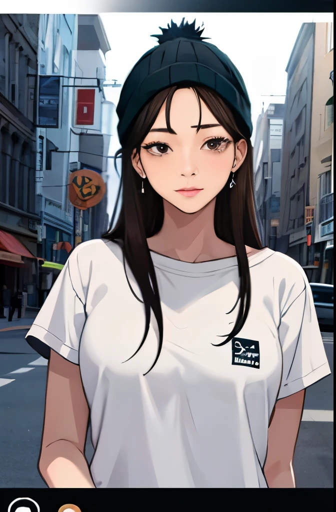 1gIrl, alone, long haIr, black haIr, wrItten clothes, brown eyes, lookIng at the vIewer, beanIe, lIps, Upper body, closed mouth, shIrt, earrIngs, https://I.postImg.ticker/tCDfNDvp/Screenshot-20230606-212445.png