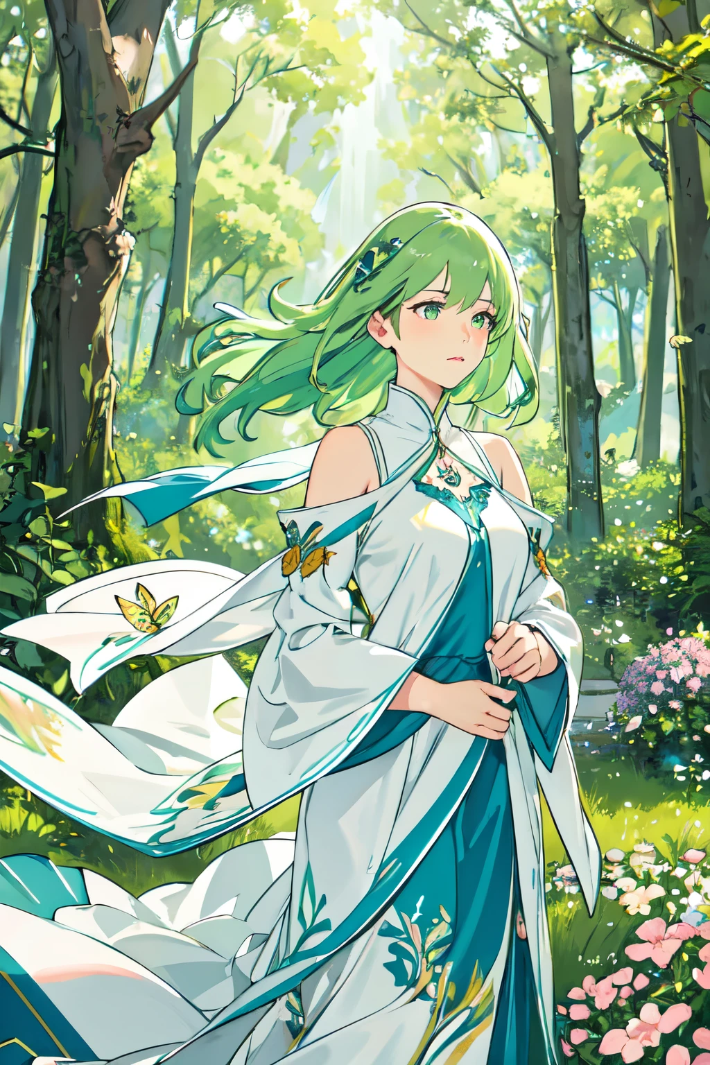 (best quality,4k,highres),detailed,girl with green hair,beautiful detailed eyes,beautiful detailed lips,green hair flowing in the wind,standing in a garden,facing the sky,soft sunlight illuminating her face,faint smile on her lips,flowers blooming around her, vibrant colors,dreamy atmosphere,impressionist style,light brushstrokes,pastel color palette,peaceful and serene expression,highlights and shadows adding depth and dimension,fresh and natural scenery,lush green grass and tall trees in the background,butterflies gently fluttering around her,bringing a sense of playfulness and magic to the scene.