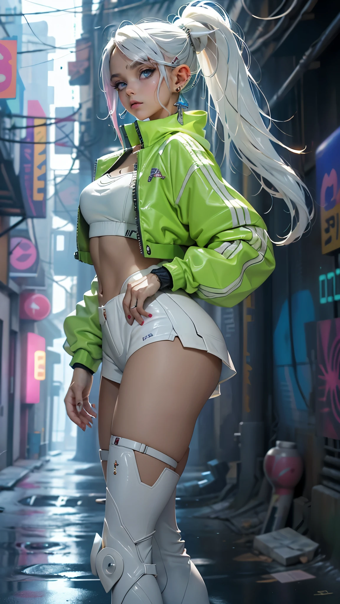 (La Mejor calidad,A high resolution,Ultra - detallado,actual),Ariana Big Cyber Girls, with ponytail wear white high heel platform knee high boots.( Color blanco brillante para mostrarte&#39;you are a cyber girl:1.4 ) . cejas blancas. Ropa como catsuit . She also has blue eyes..... El ambiente es el de un adolescente.&#39;s room like.( El cabello es blanco:1.4) . She is lit with a bright blue color on one side of her face. Led como. estilo taciturno. (And both hands also have LED light) ..More detailed 8K.Motor irreal:1.4,HD,La Mejor calidad:1.4, fotorrealista:1.4, textura de la piel:1.4, Obra maestra:1.8,Obra maestra, Mejor calidad,objeto Objeto], (rasgos faciales detallados:1.3),(Las proporciones correctas),(Ojos hermosos azules),  (pose vaquero), (perfect anatomy), ,( ciberpunk 2.1), (alley background large stone walls:1.4) 