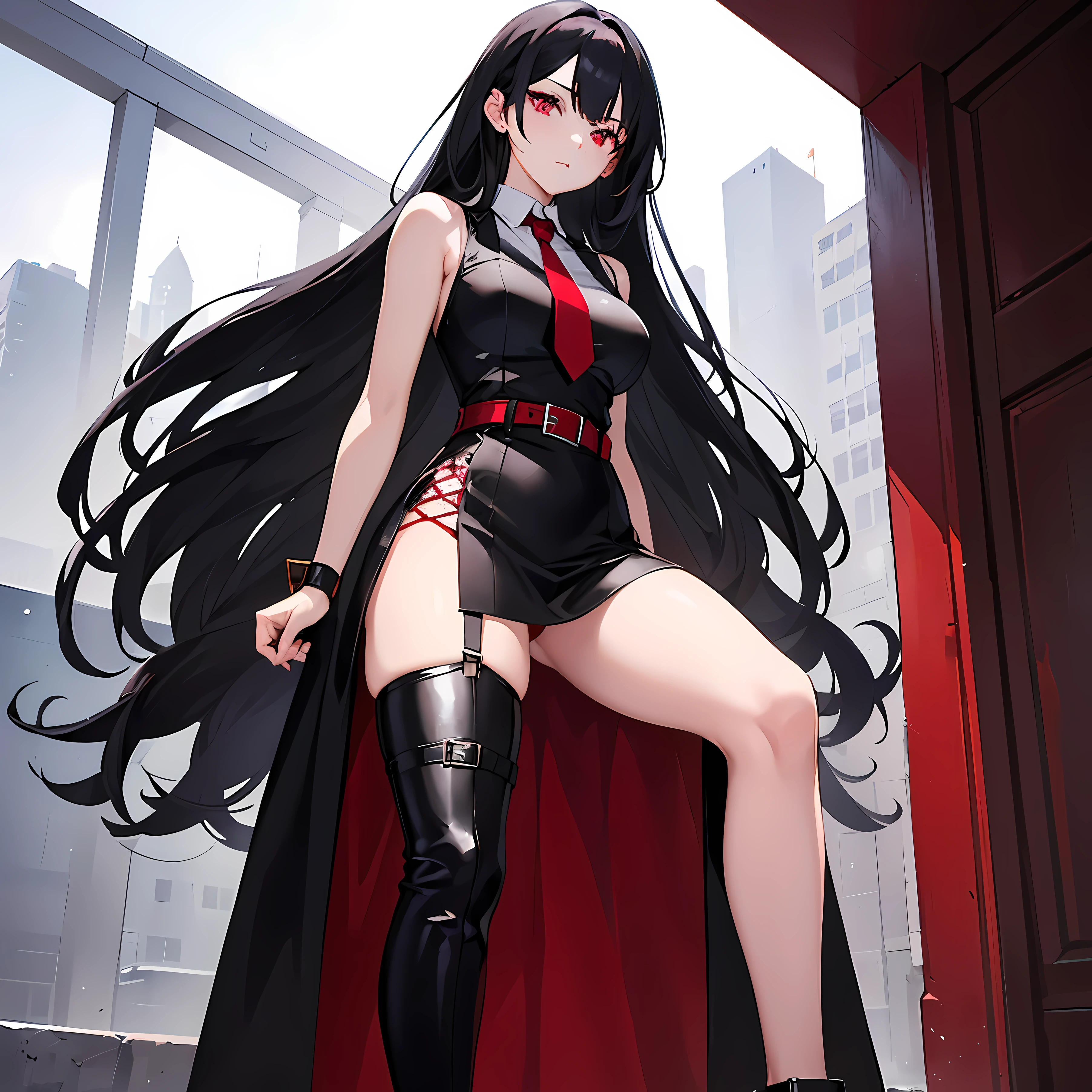 beautiful girl with long black hair down to her knees. She has red eyes. She is wearing a dark sleeveless mini dress with a white collar and a burgundy tie.... She also wears a red sash, which matches the color of the case. For shoes, she prefers regular black boots.. During her first appearance, she was seen wearing a coat..