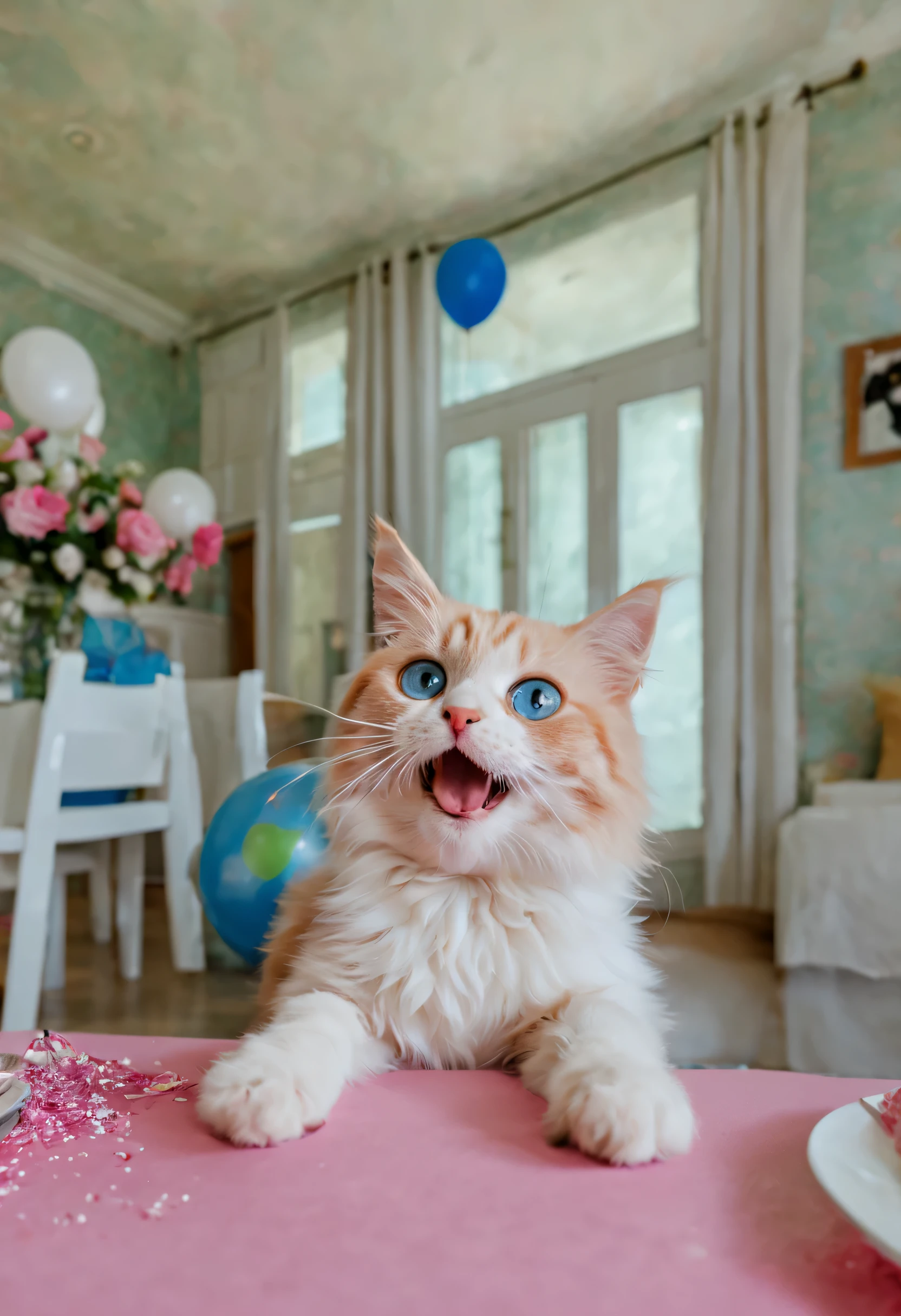 ((((un gato rosa con grandes ojos azules, muy lindo y divertido, gatito dulce))) Purring over a 7 year old girl's birthday cake., estan celebrando una fiesta.inside a 1000m2 mansion, 180º wide angle lens, 8k, ultra detallado.